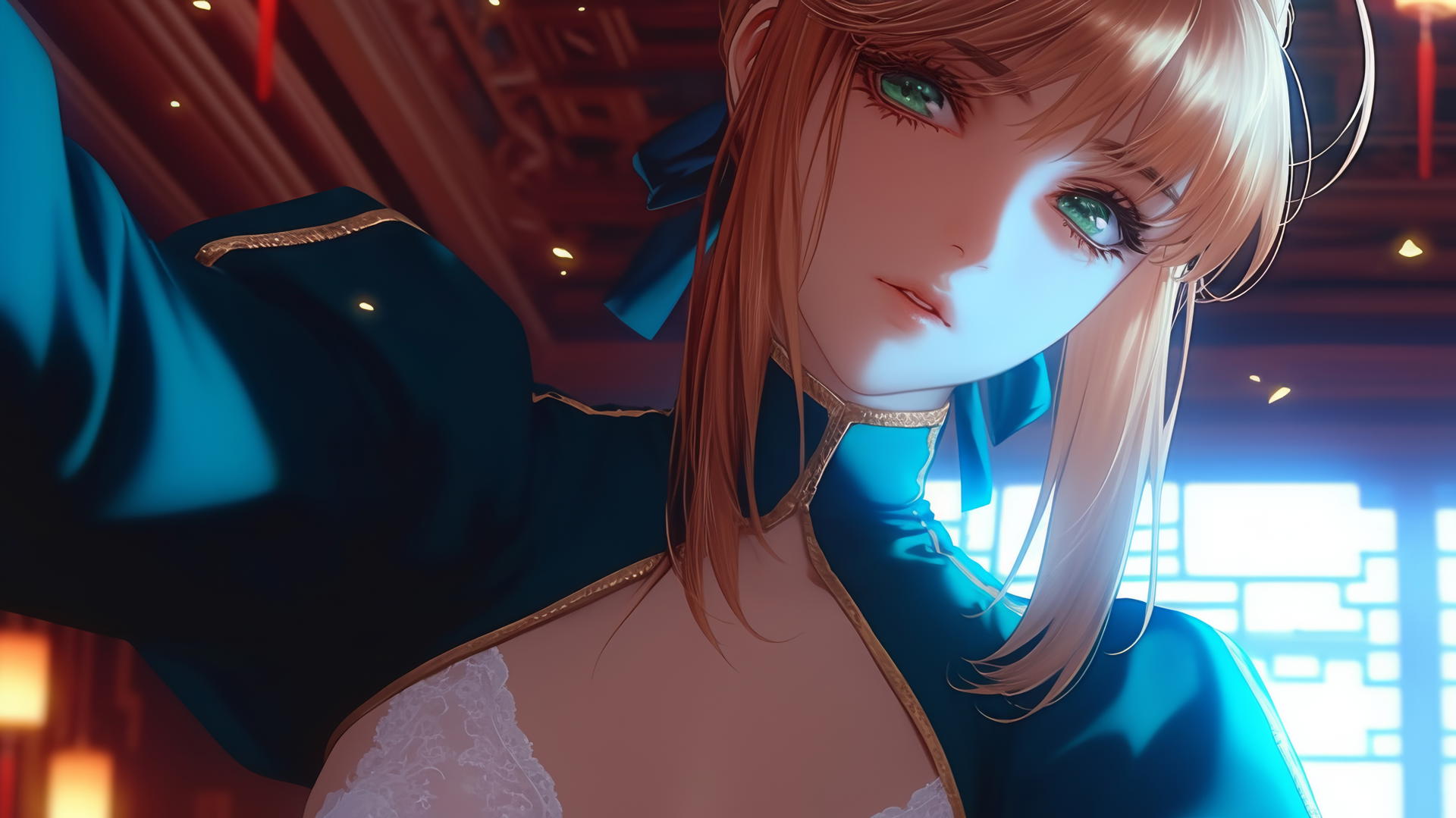 Saber from Fate Zero kneeling and leaning forward, green eyes, ceiling background, warm light glow.