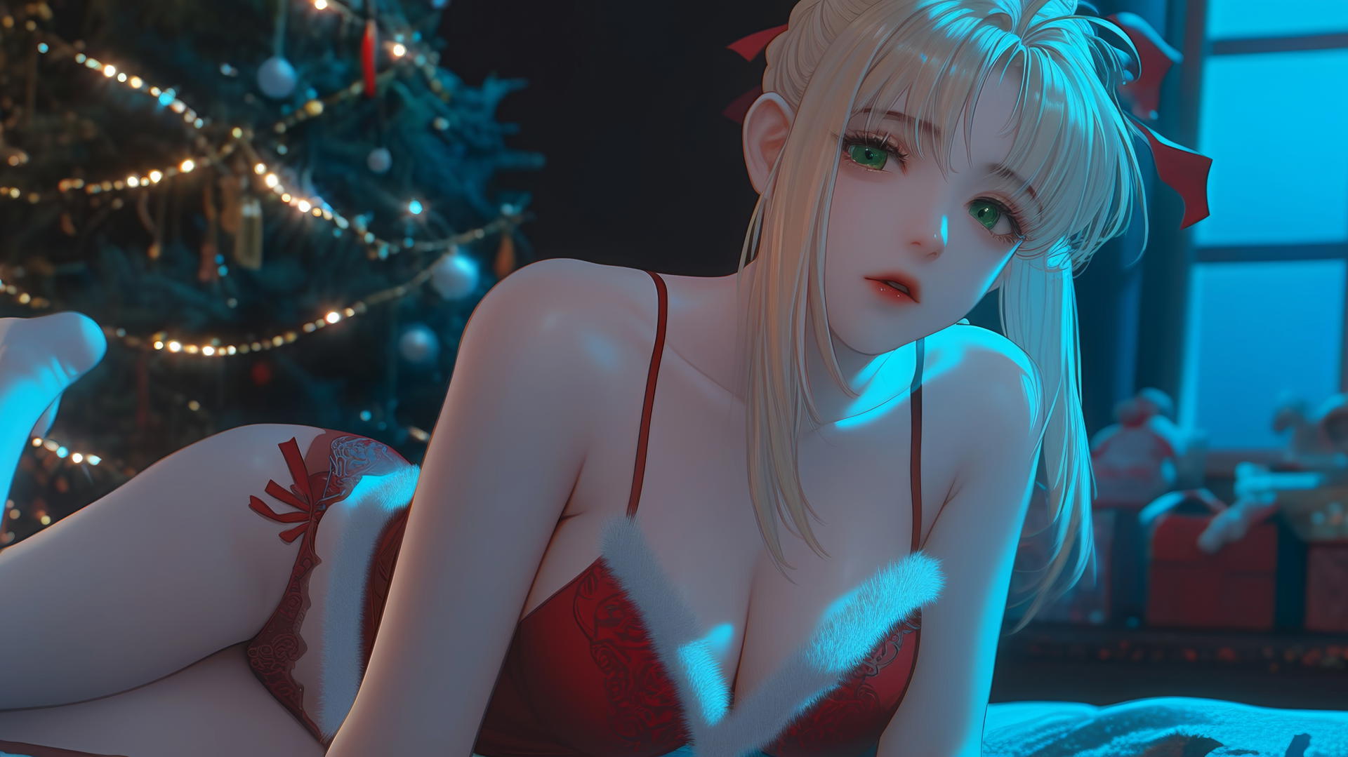 Saber from Fate Zero, dressed in a Christmas-themed red outfit, seen from below with green eyes and a ceiling in the background.