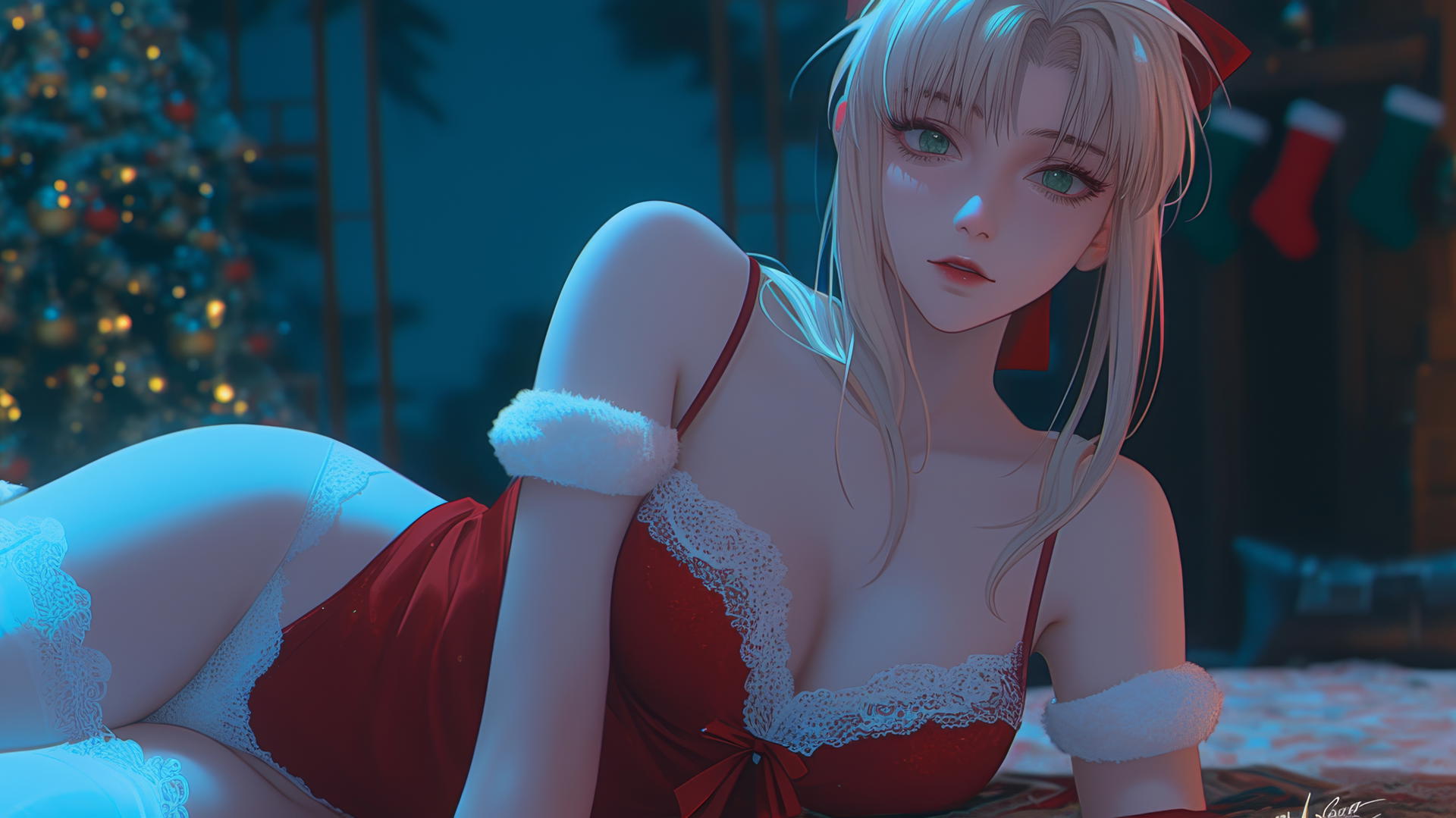 Saber from Fate Zero in red Christmas attire, kneeling and leaning with green eyes in soft warm light.