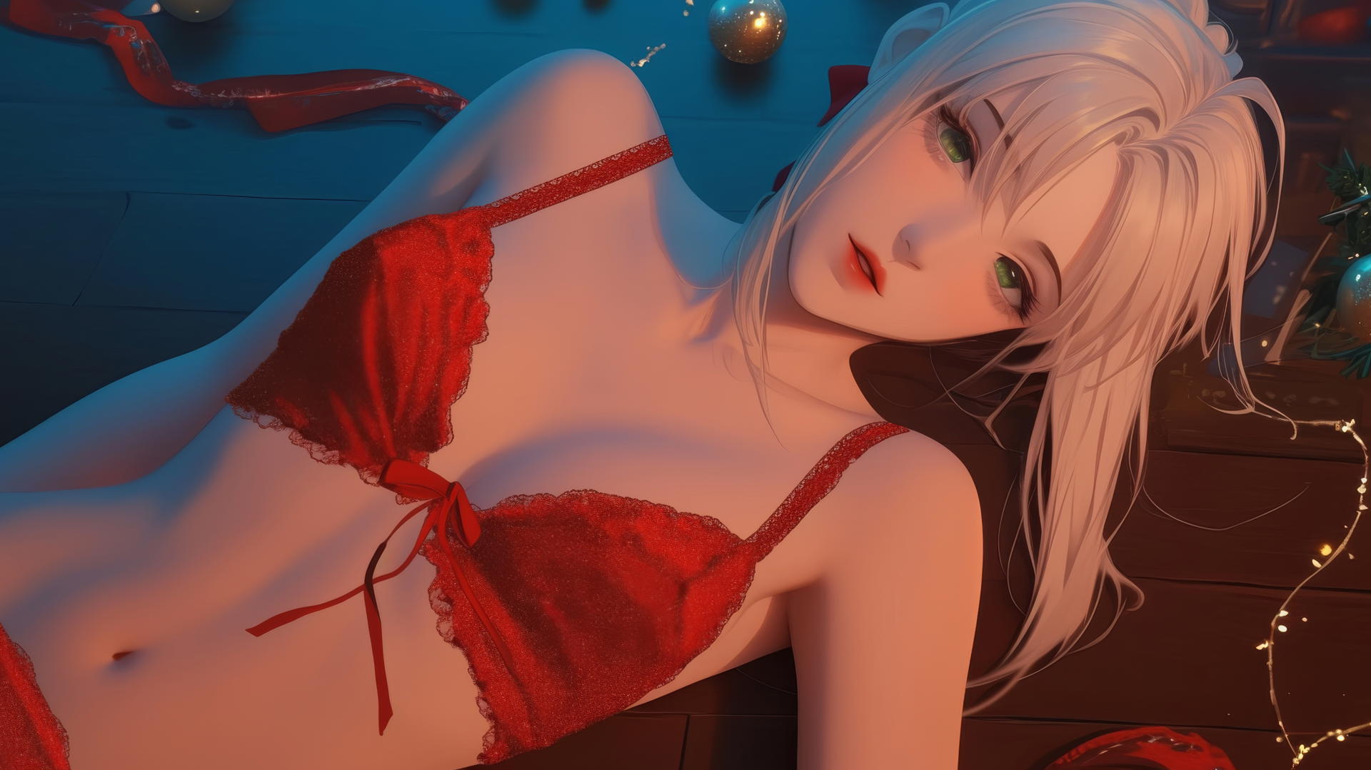 Saber from Fate Zero in Christmas attire, kneeling and leaning forward, warm light glow, green eyes.