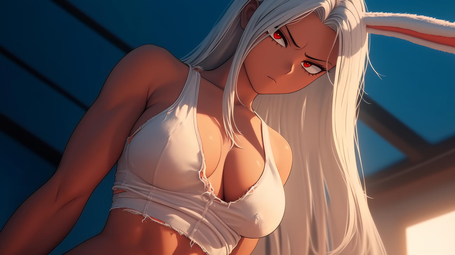 Mirko from My Hero Academia, kneeling and leaning forward, with ripped t-shirt, rabbit ears, and white hair.