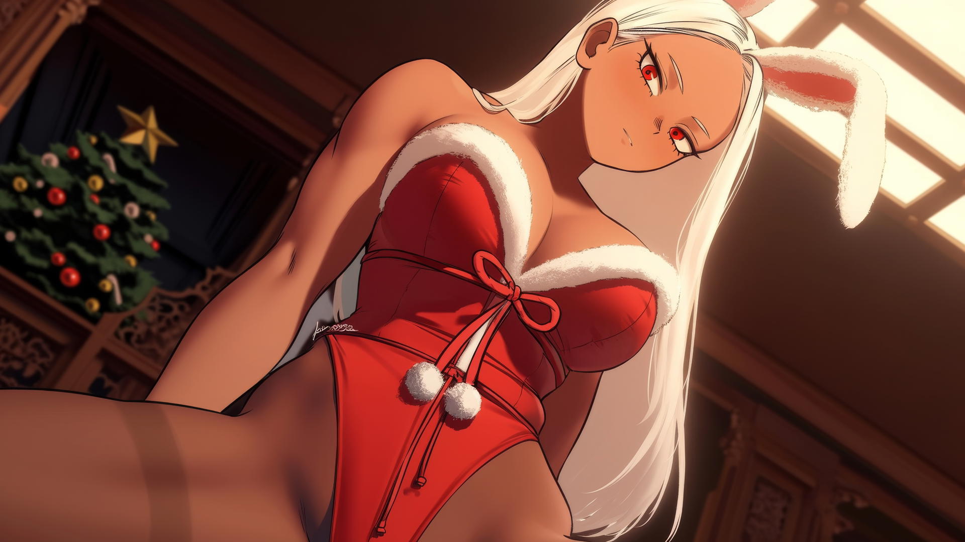 Mirko from My Hero Academia in Christmas red outfit, kneeling and leaning forward, seen from below, straight white hair, rabbit ears, soft warm light.