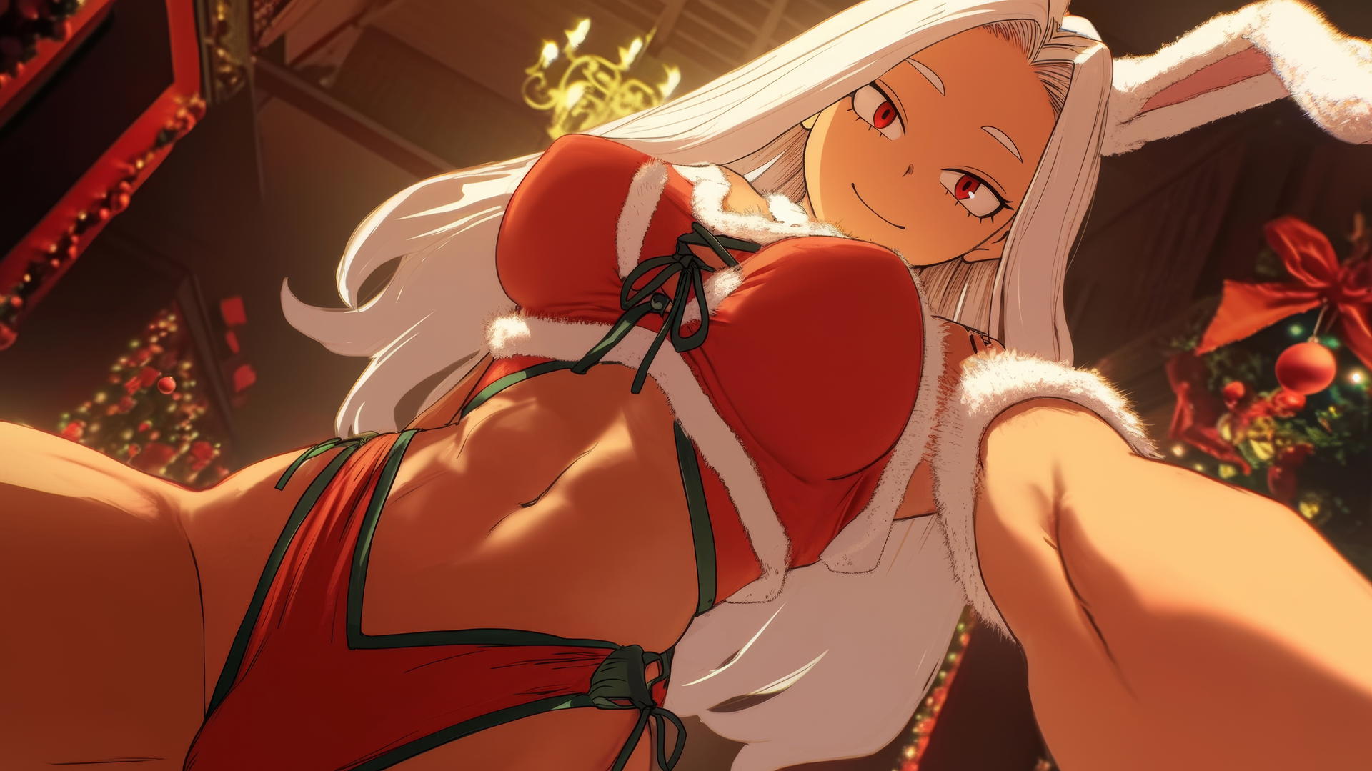 Mirko from My Hero Academia dressed in a Christmas outfit, kneeling, seen from below with white rabbit features.