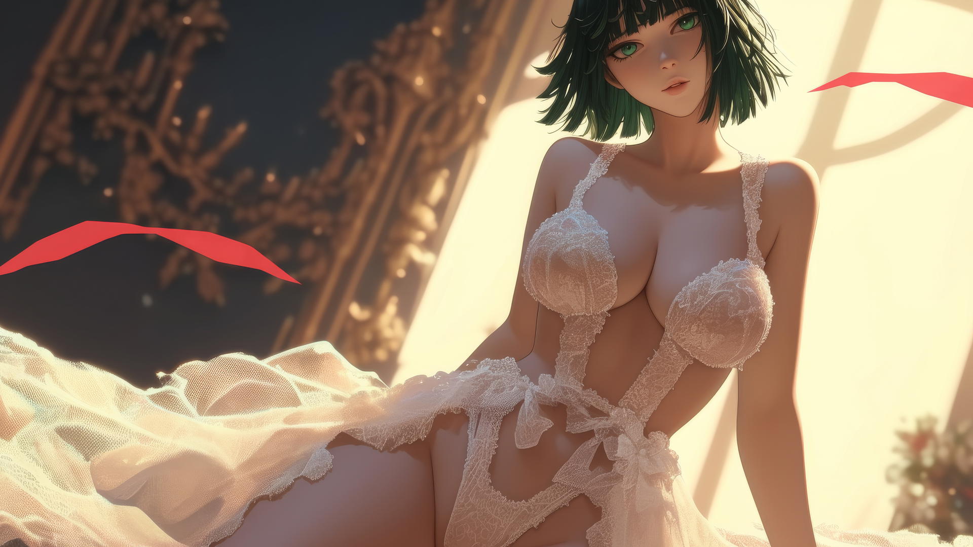 Fubuki from One Punch Man in a wedding dress kneeling and leaning forward with warm light casting a soft glow.