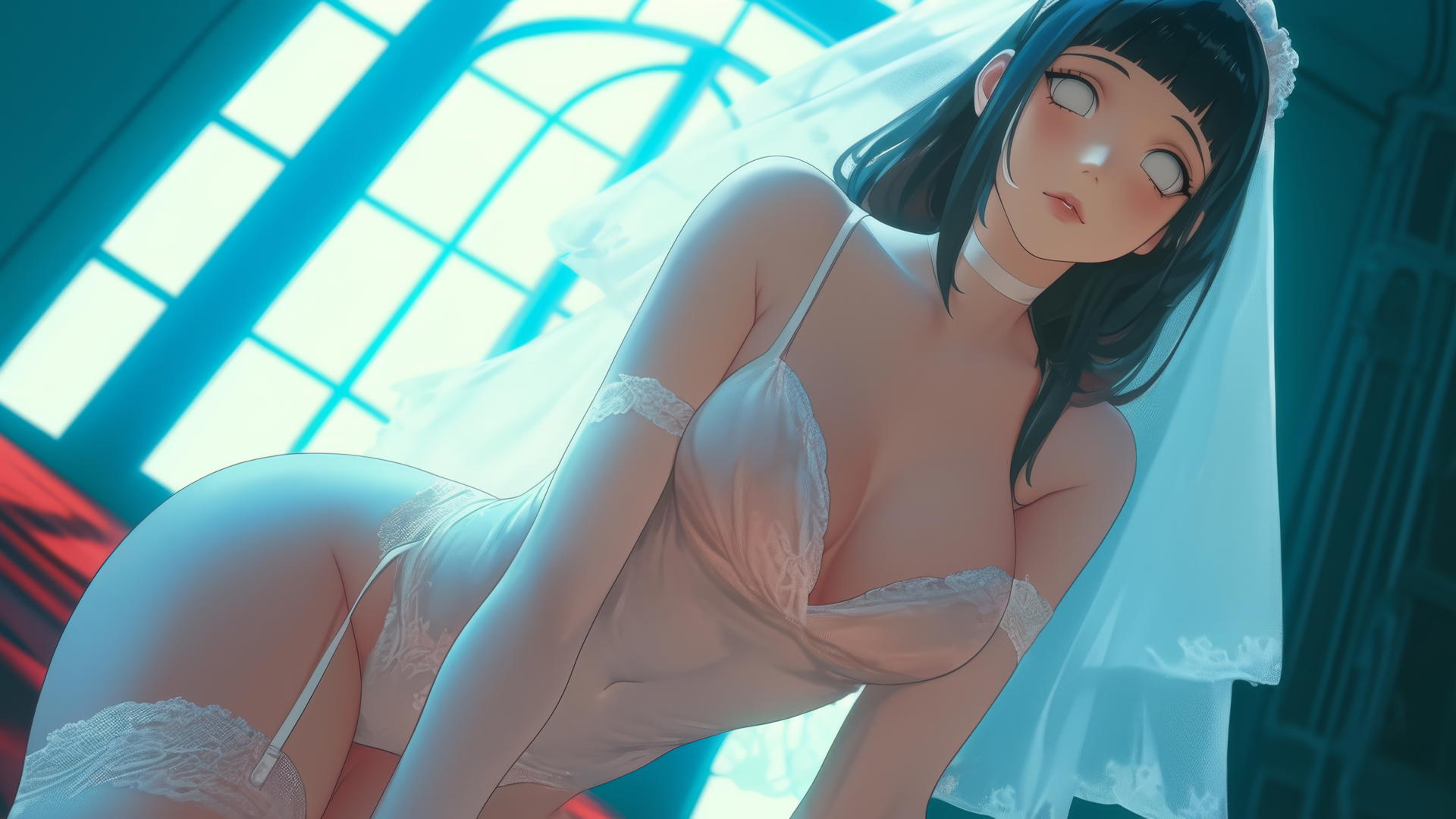 Hinata Hyuga in a wedding dress kneeling and leaning forward with white eyes.