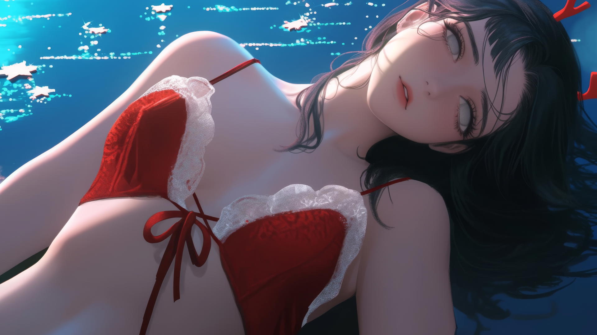 Hinata Hyuga from Naruto in Christmas-themed attire, kneeling and leaning forward with white eyes, warm light and ceiling background.