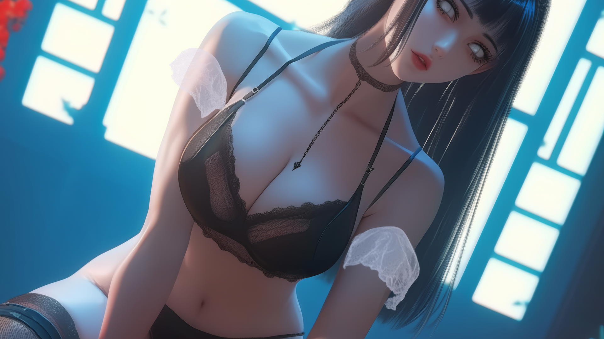 Hinata Hyuga kneeling and leaning forward with white eyes, warm light, ceiling background