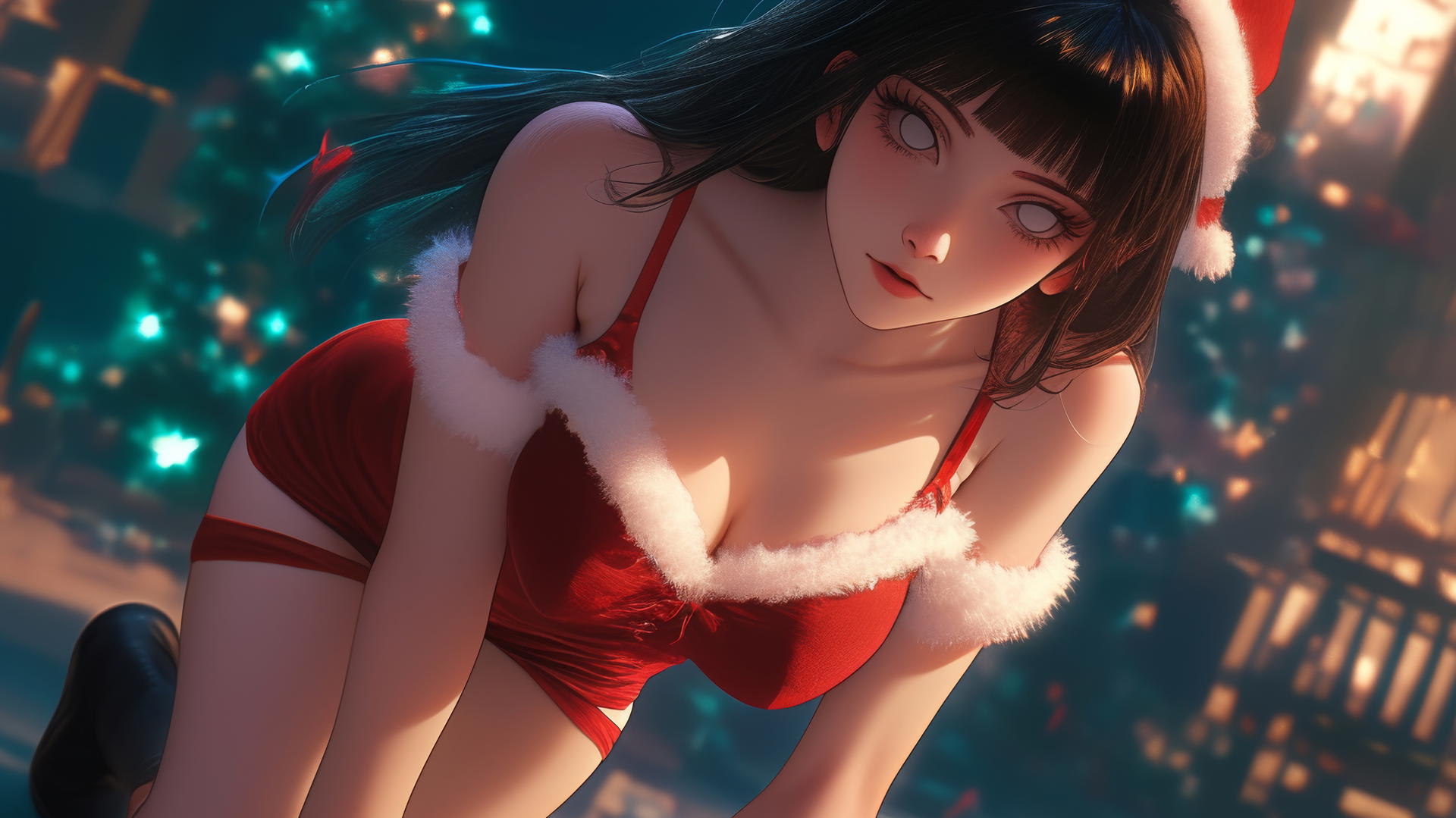 Hinata Hyuga in Christmas attire, kneeling, leaning forward, warm light, white eyes