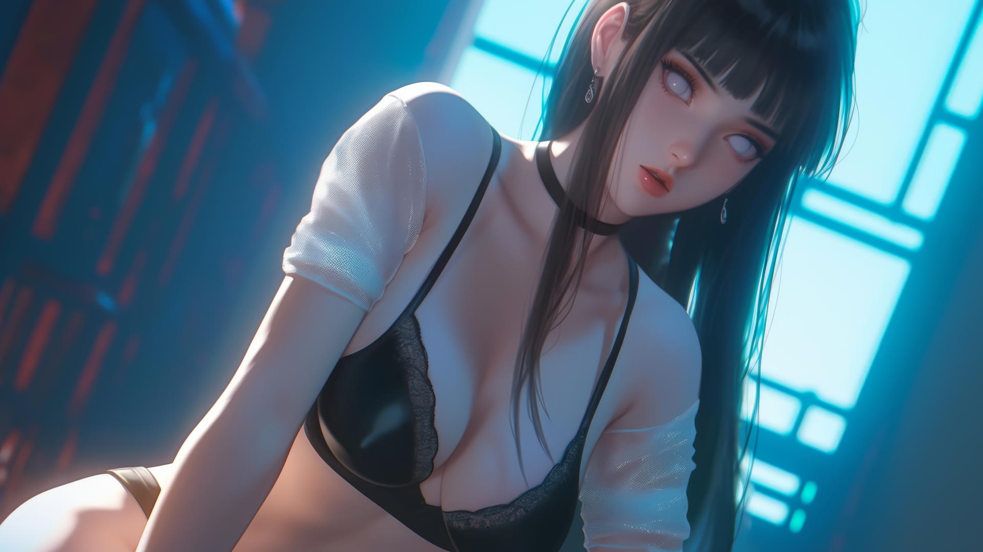 Hinata Hyuga kneeling and leaning forward, viewed from below, warm light glow