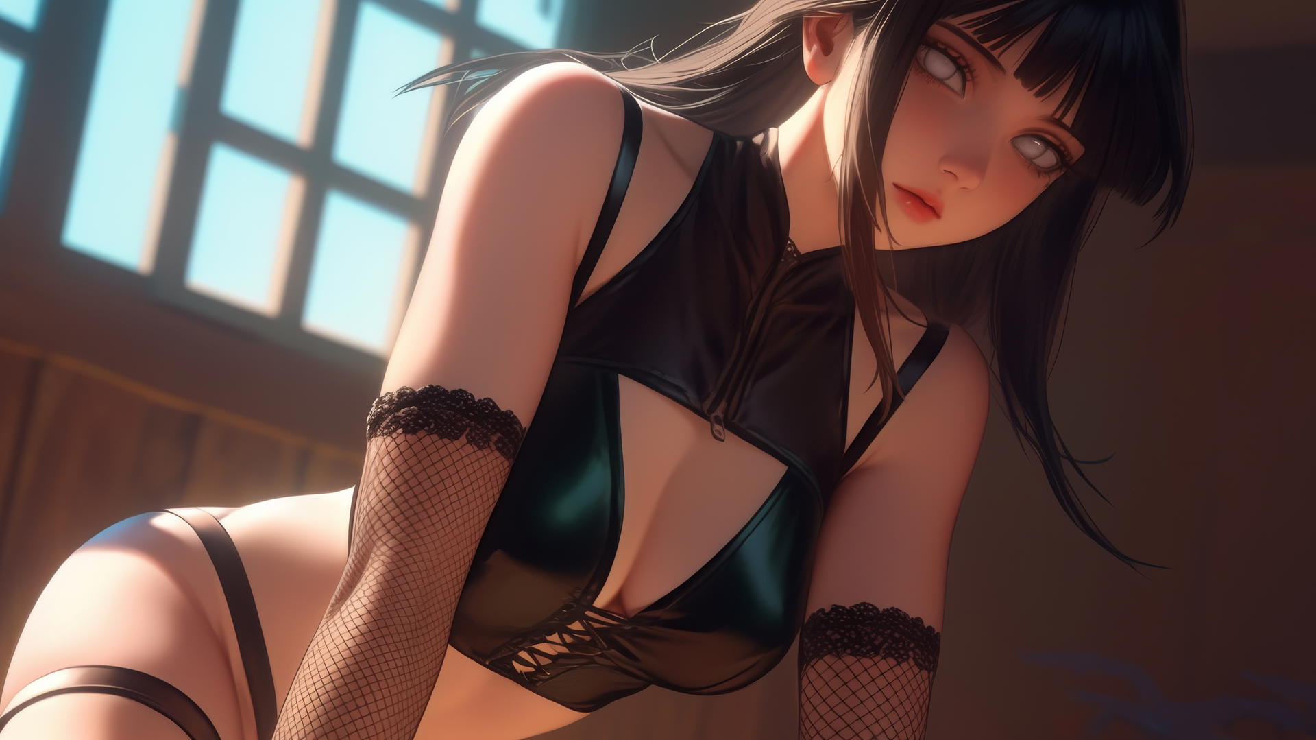Hinata Hyuga kneeling and leaning, looking down with white eyes, warm light, ceiling background.