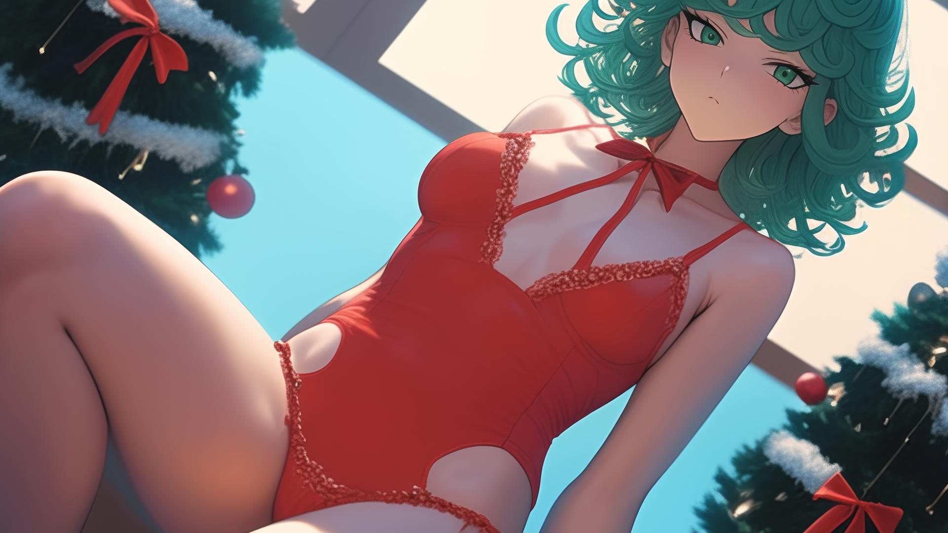 Tatsumaki from One-Punch Man in Christmas attire, kneeling and leaning toward viewer, with emerald green eyes and hair, ceiling in background.