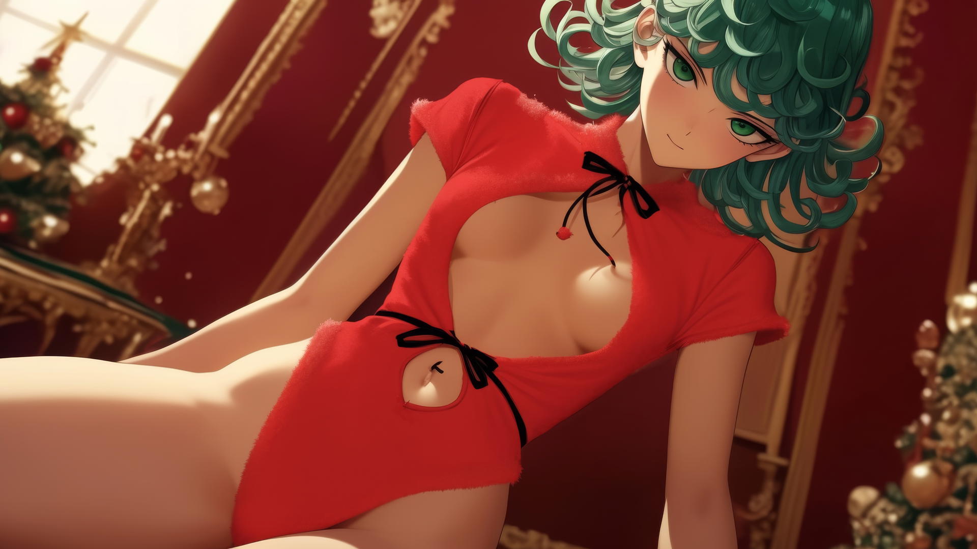 Tatsumaki wearing red, kneeling, looking down, with green eyes and hair, ceiling background