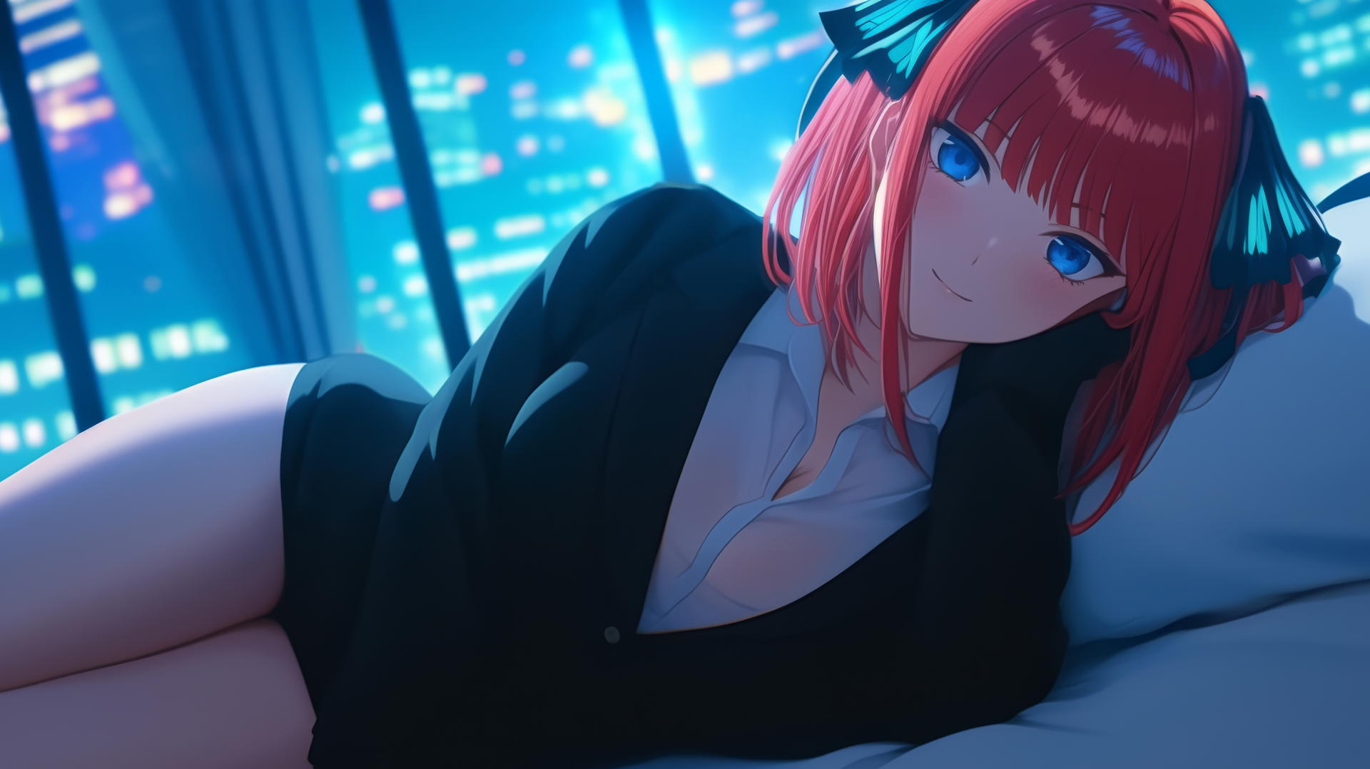 Nino Nakano in a JK uniform, resting in a modern hotel room under moonlight.