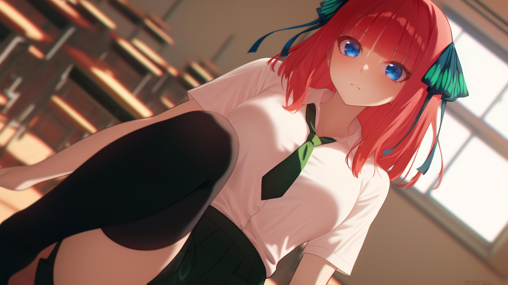 Nino Nakano in jk uniform kneeling with dark blue eyes and reddish pink hair