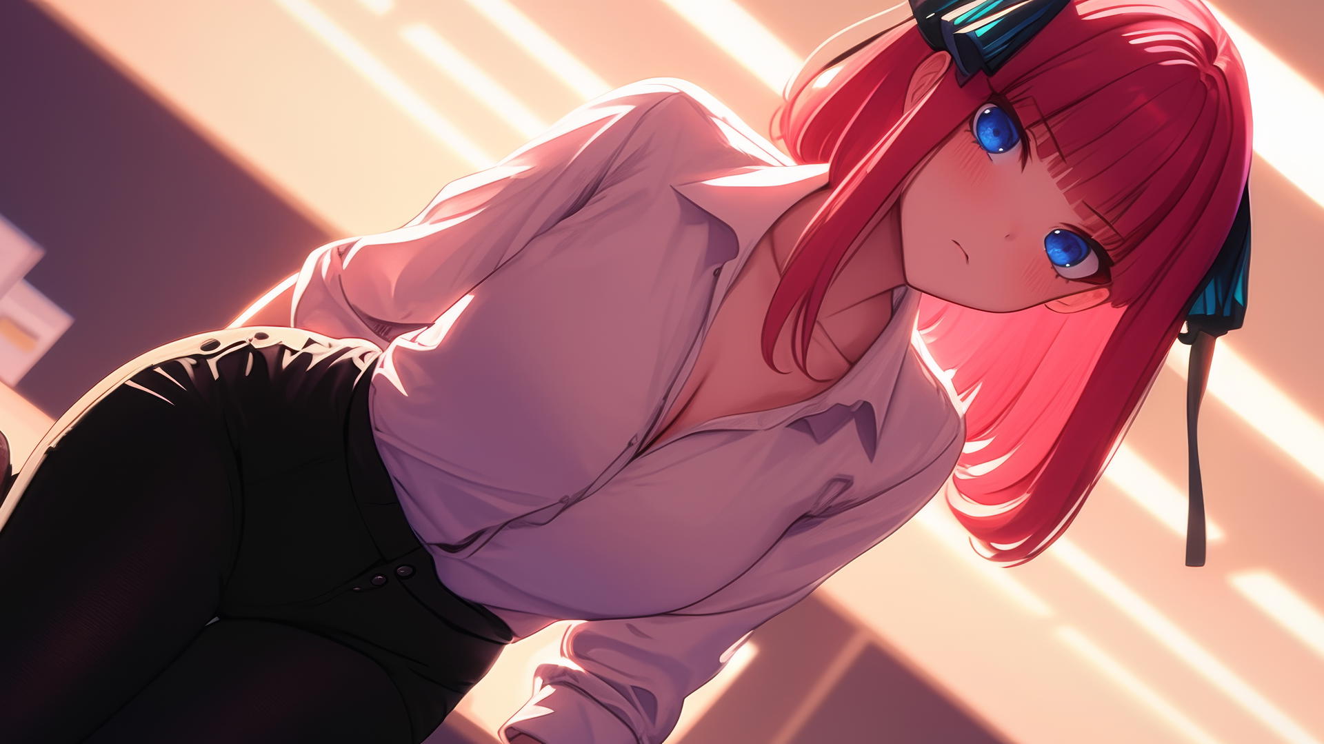 Nino Nakano with reddish pink hair and dark blue eyes, leaning forward and kneeling, with ceiling in background and warm light casting a soft glow.