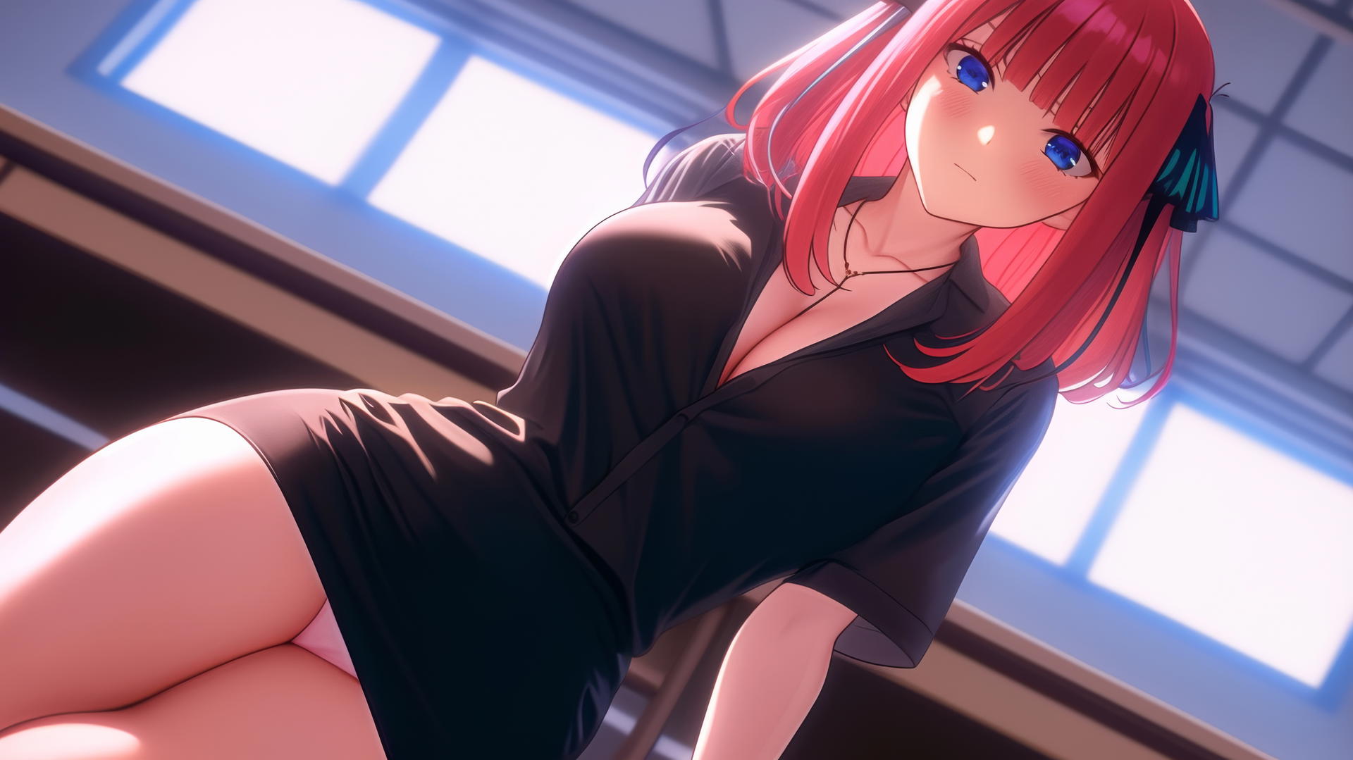 Nino Nakano kneeling, leaning toward viewer with dark blue eyes and reddish pink hair