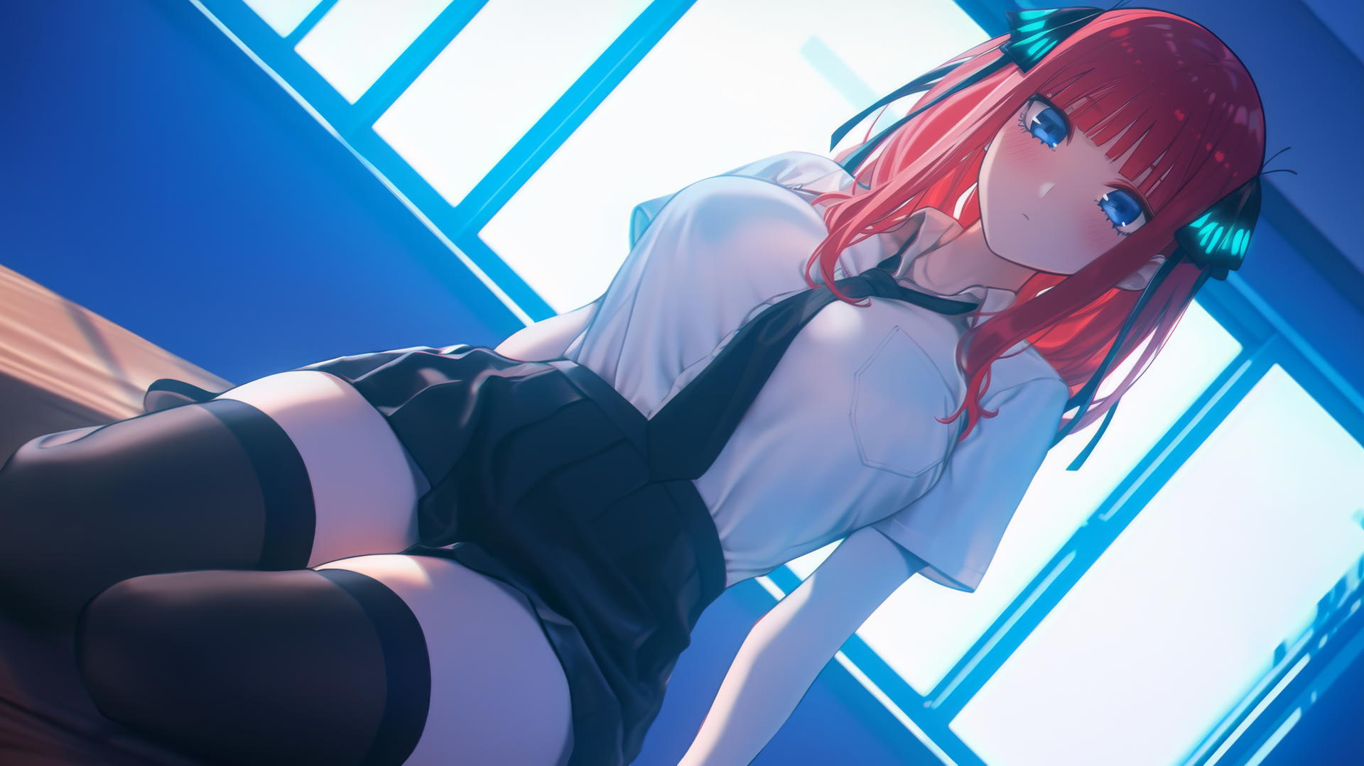 Nino Nakano in JK uniform kneeling, with reddish-pink hair and dark blue eyes, looking down with a warm light glow.