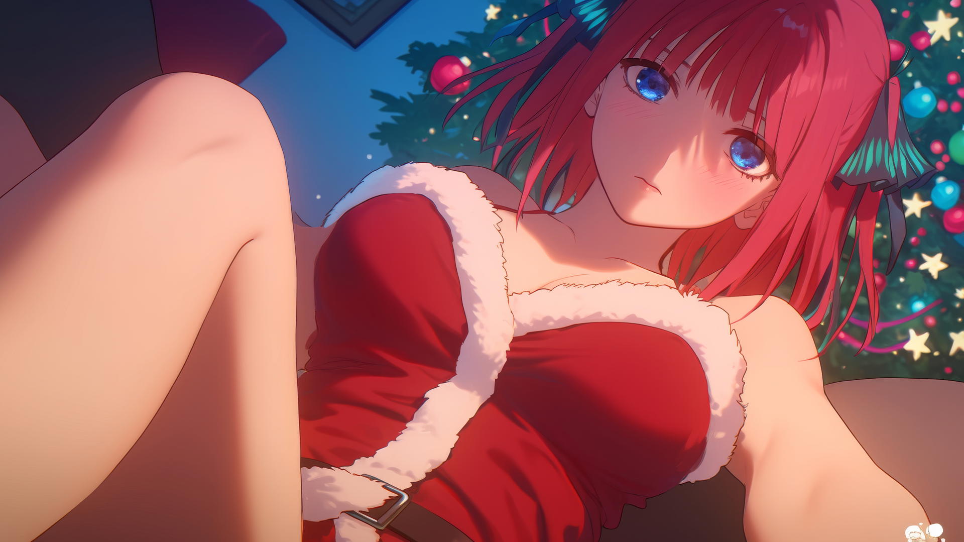 Nino Nakano with reddish pink hair, kneeling, leaning forward with dark blue eyes, warm light glow.