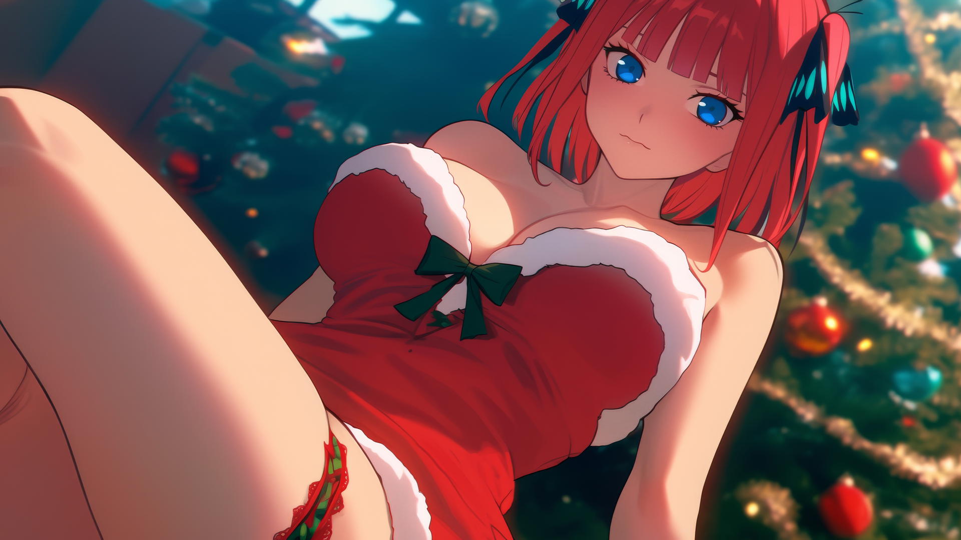 Nino Nakano in Christmas attire leaning towards viewer with warm lighting