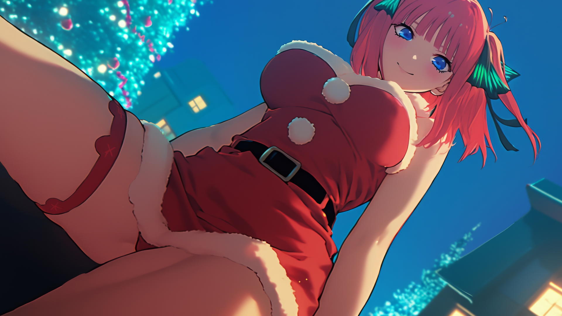 Nino Nakano in Christmas attire, kneeling and leaning forward with warm light and ceiling background