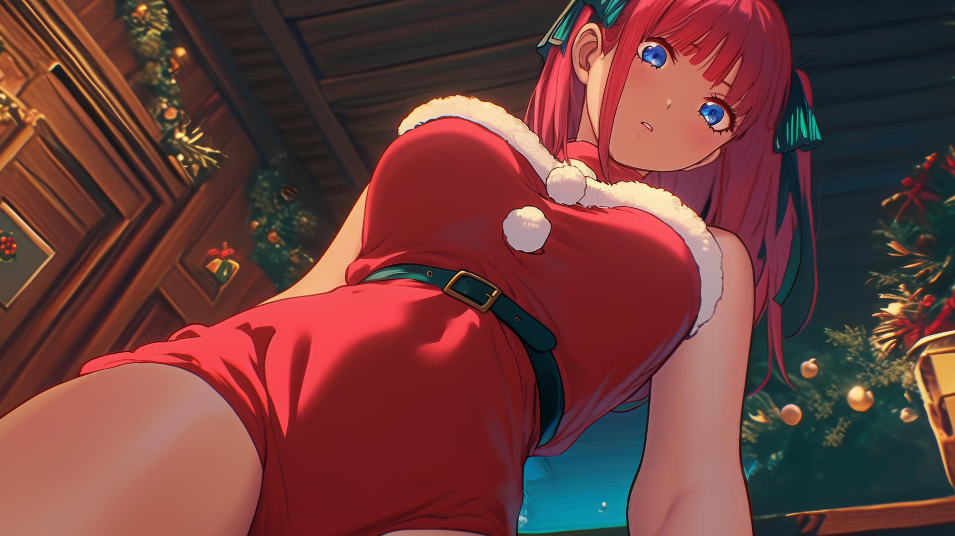 Nino Nakano in Christmas attire kneeling and leaning forward, seen from below, with a ceiling in the background.