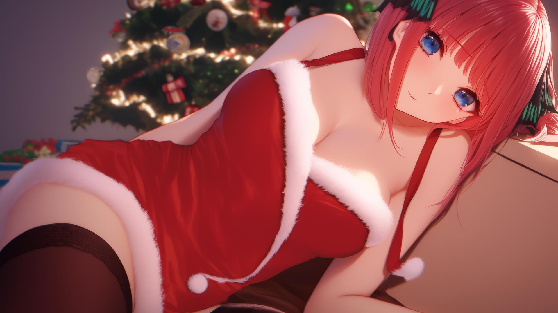 Nino Nakano kneeling in Christmas style, leaning forward with dark blue eyes and reddish-pink hair, soft glow.