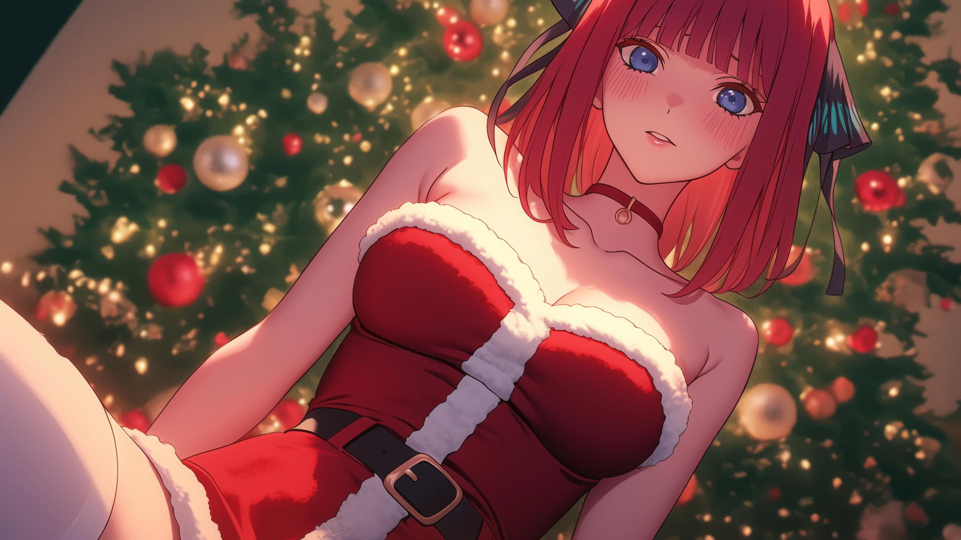 Nino Nakano in Christmas outfit, kneeling with dark blue eyes, reddish pink hair, ceiling behind.