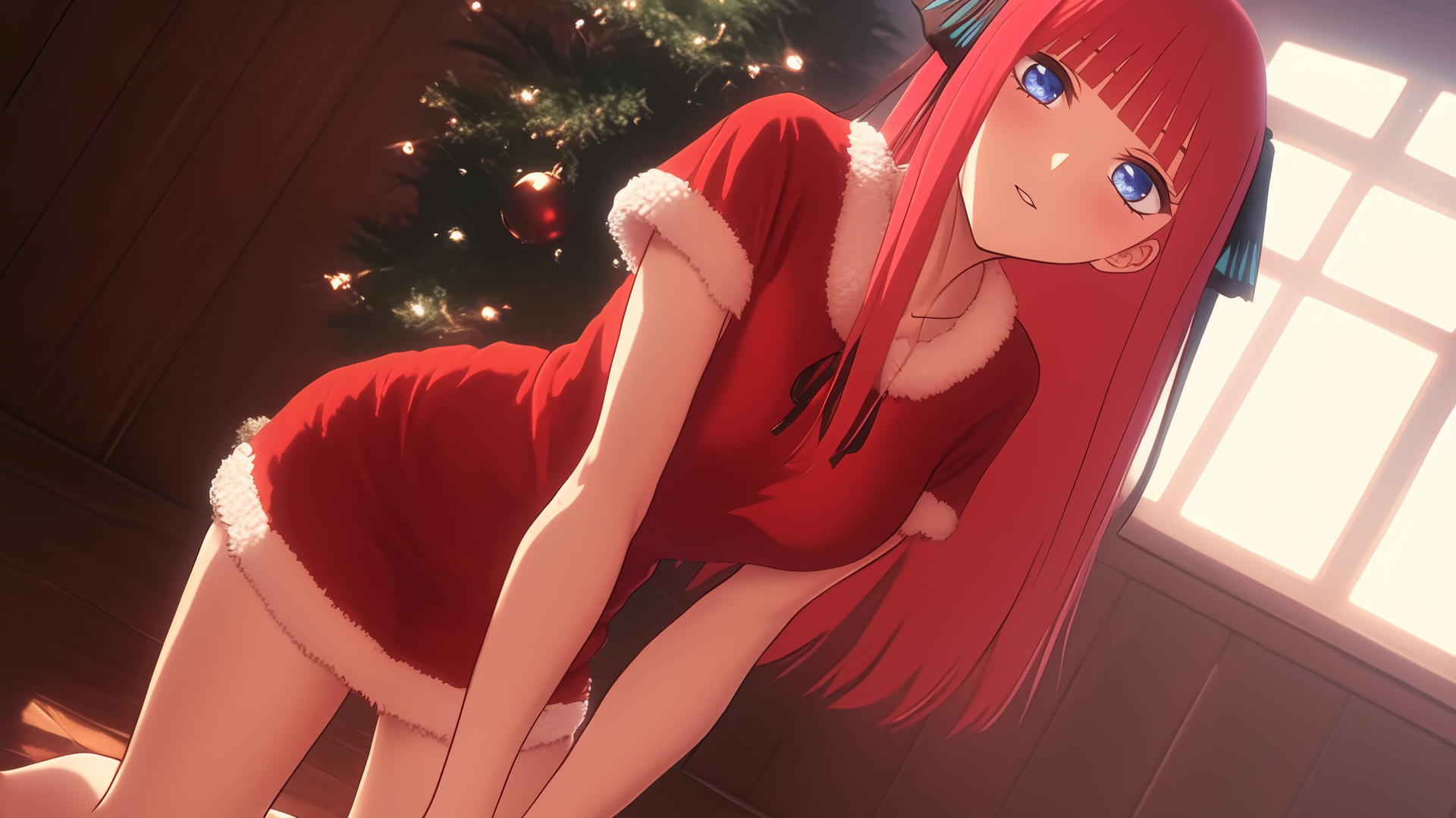 Nino Nakano in Christmas attire kneeling and leaning forward, with dark blue eyes and reddish pink hair, under warm light.