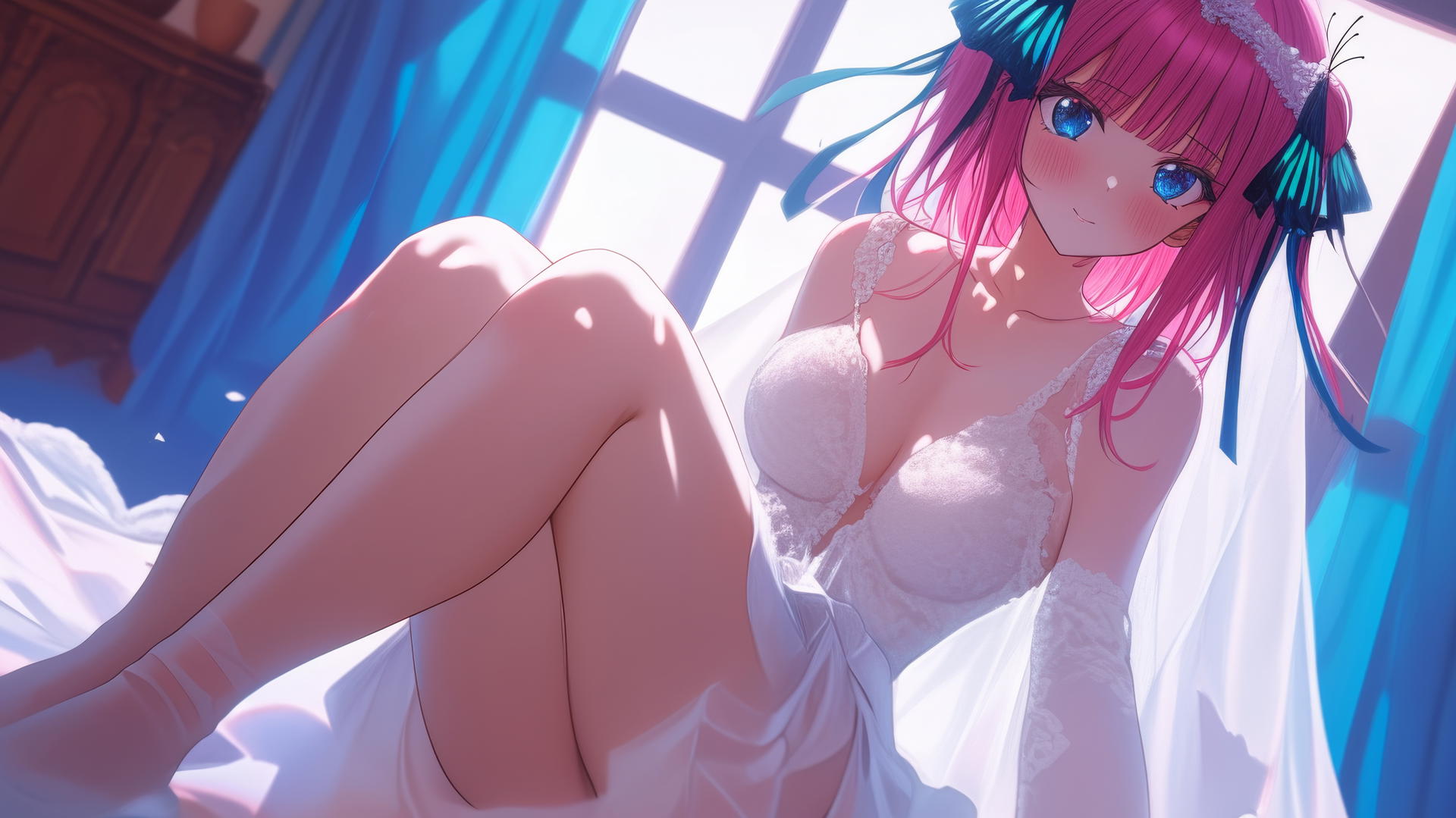Nino Nakano in a wedding dress kneeling with reddish pink hair, dark blue eyes, and warm lighting.