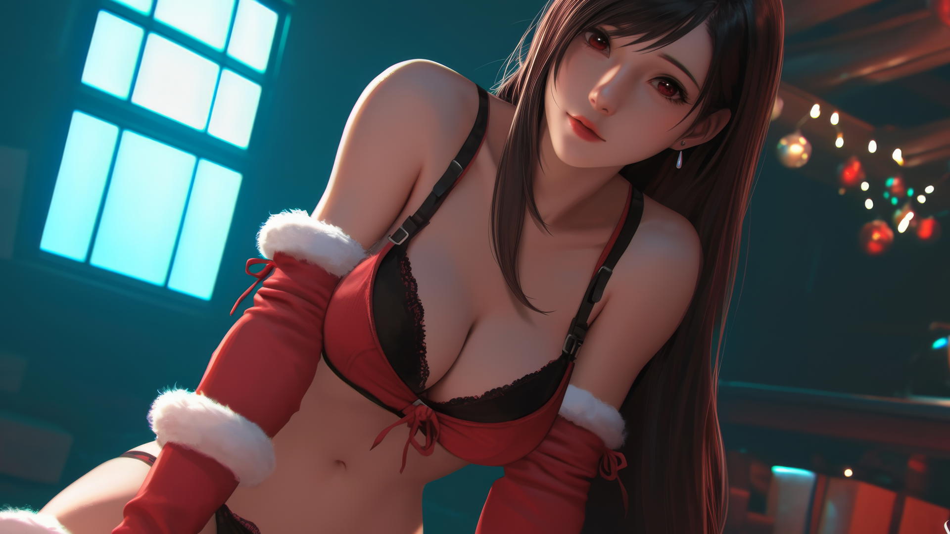 Tifa Lockhart from Final Fantasy in a red Christmas outfit, viewed from below with a warm light glow.