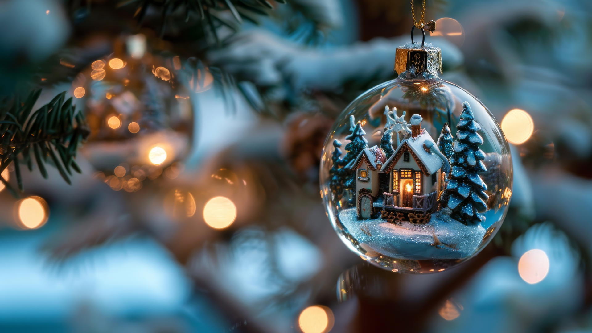Glass Christmas balls on a tree with snow-covered villages inside and warm glowing houses