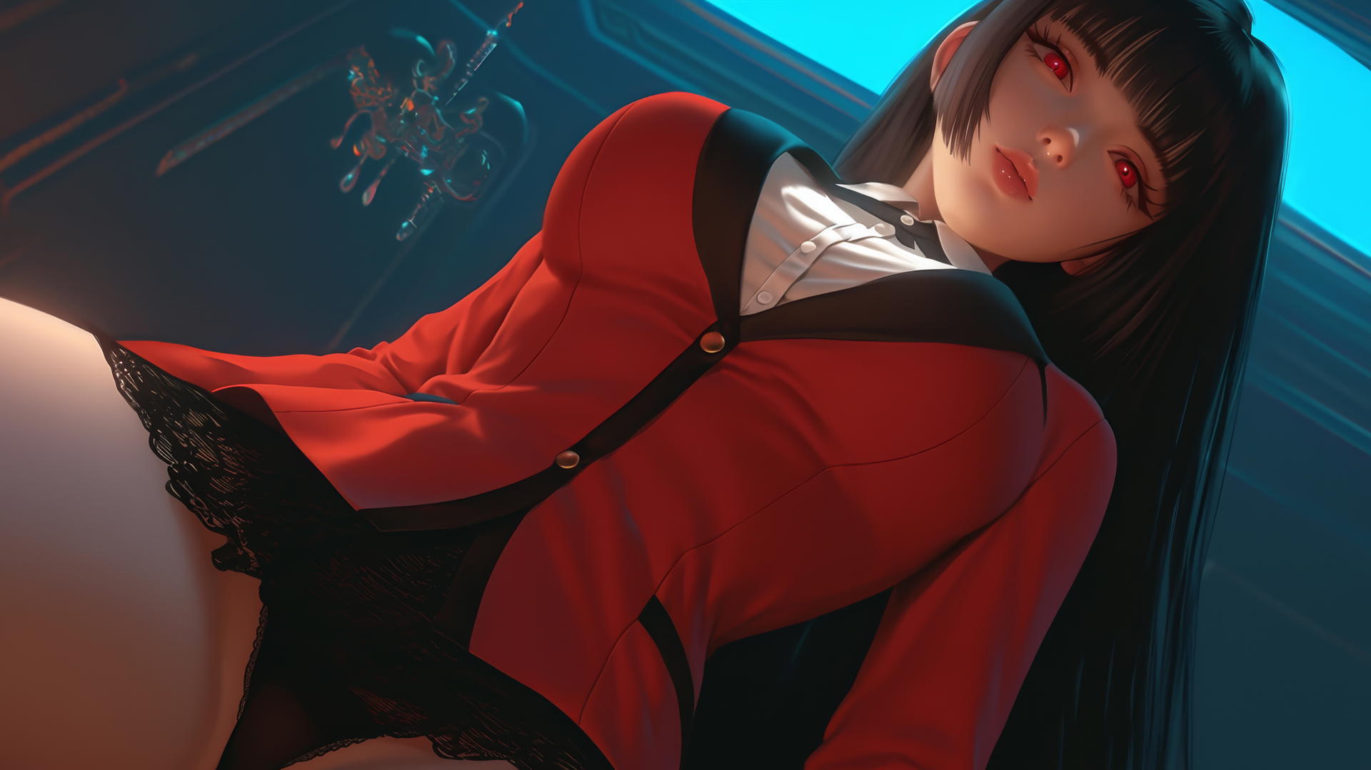 Yumeko Jabami from Kakegurui kneeling and leaning forward, with long black hair and red eyes, warm light and ceiling background