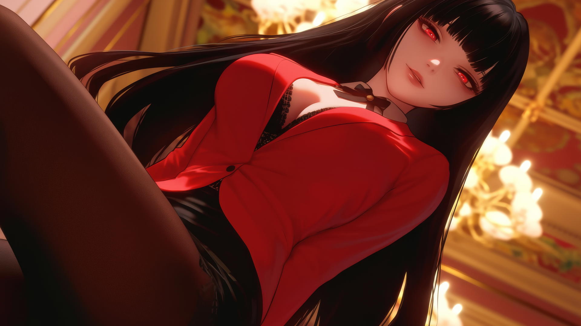 Yumeko Jabami kneeling and leaning forward with warm light and ceiling background