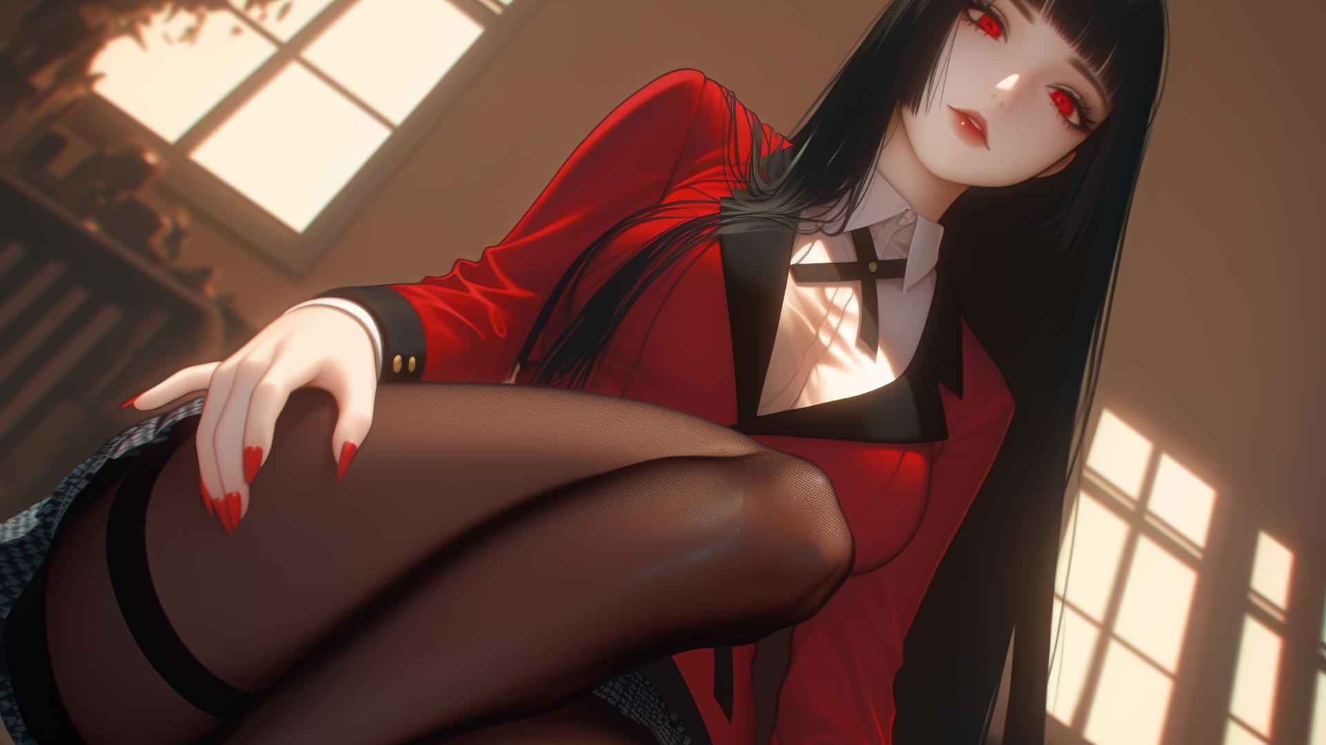 Yumeko Jabami with long black hair and red eyes, kneeling and looking down