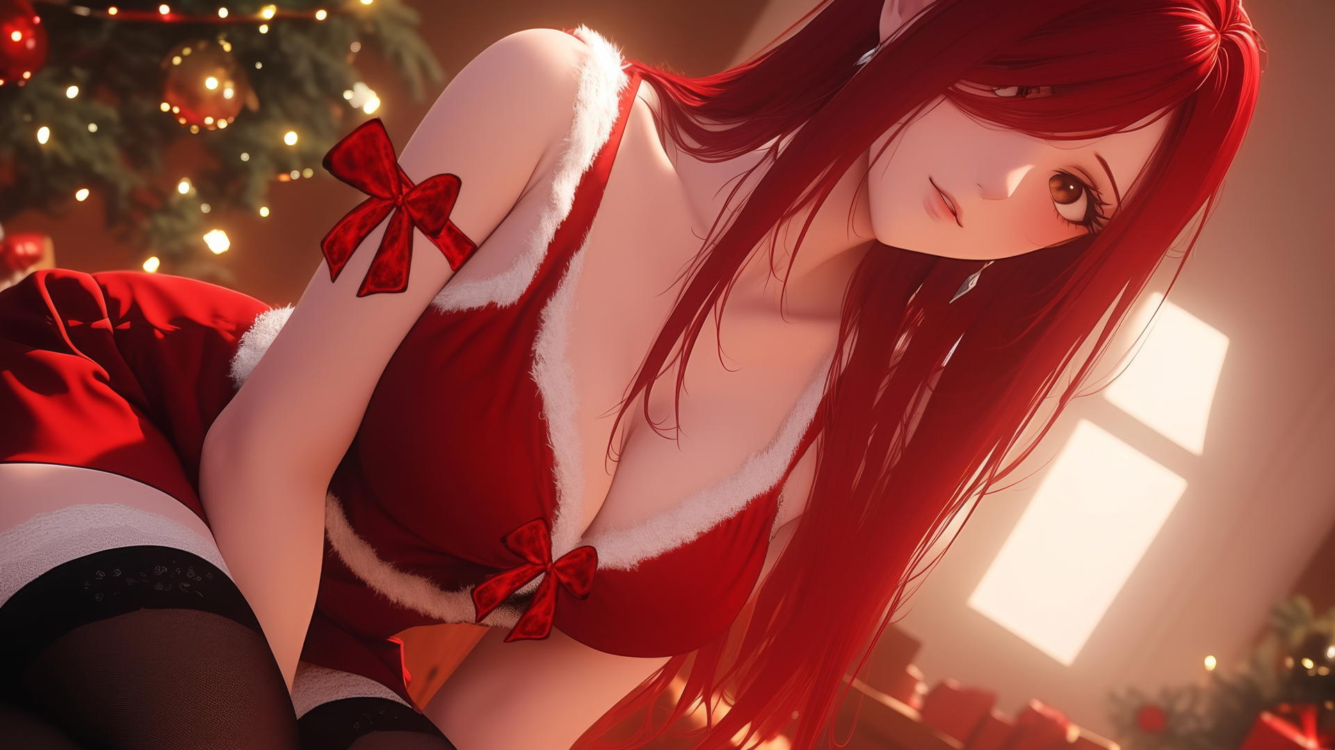 Erza Scarlet in Christmas style red outfit, kneeling and leaning forward with warm light and ceiling in background.