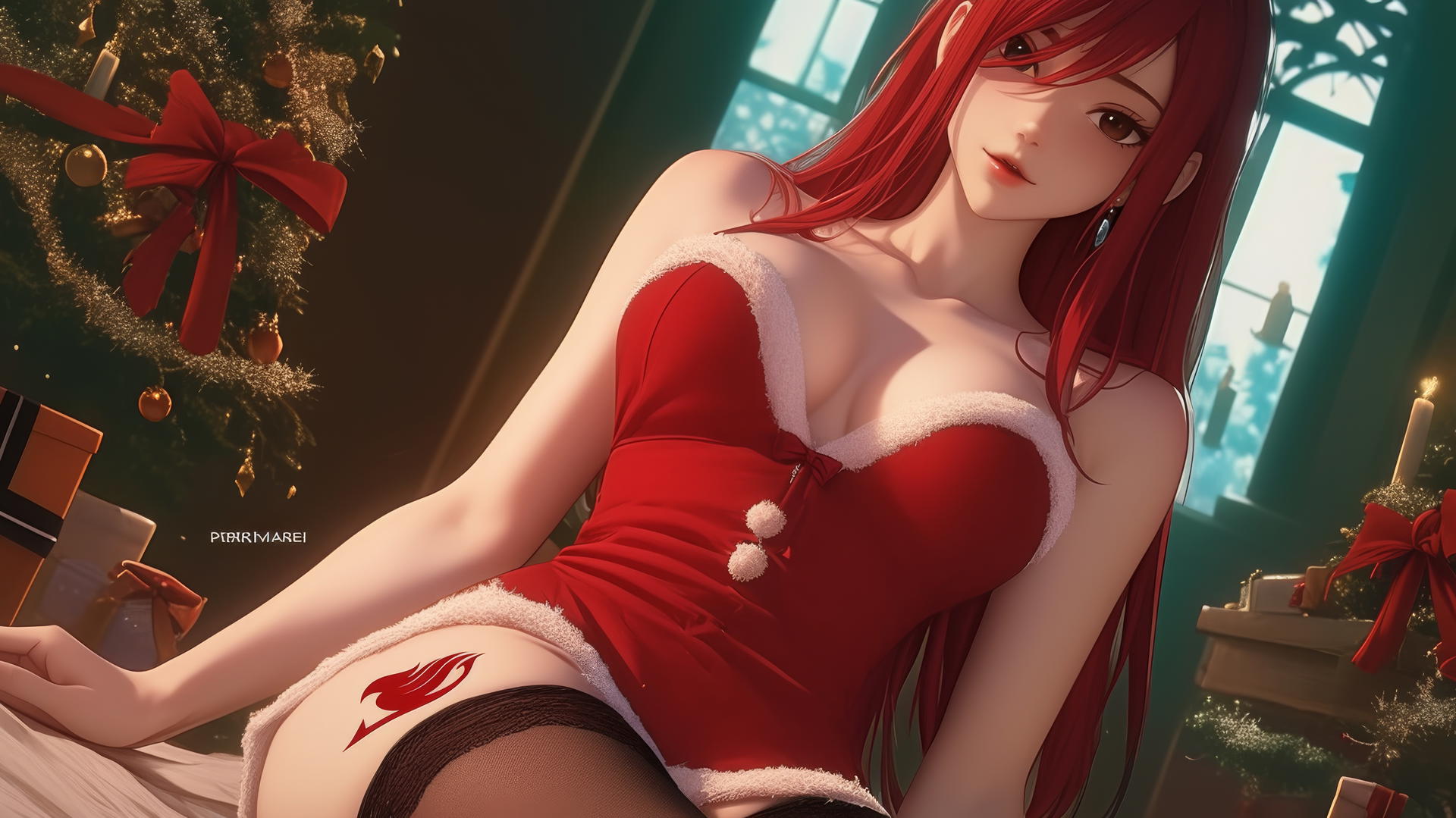 Erza Scarlet from Fairy Tail in Christmas attire, kneeling and looking down.