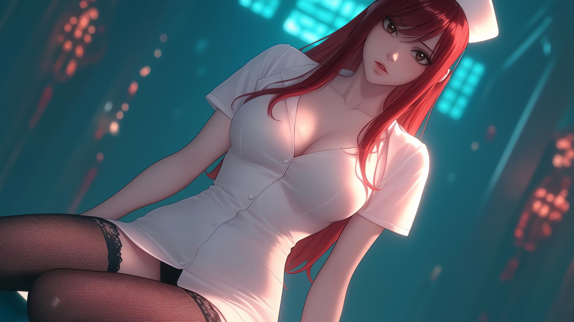Erza Scarlet as a nurse, with scarlet hair and brown eyes, kneeling and leaning forward