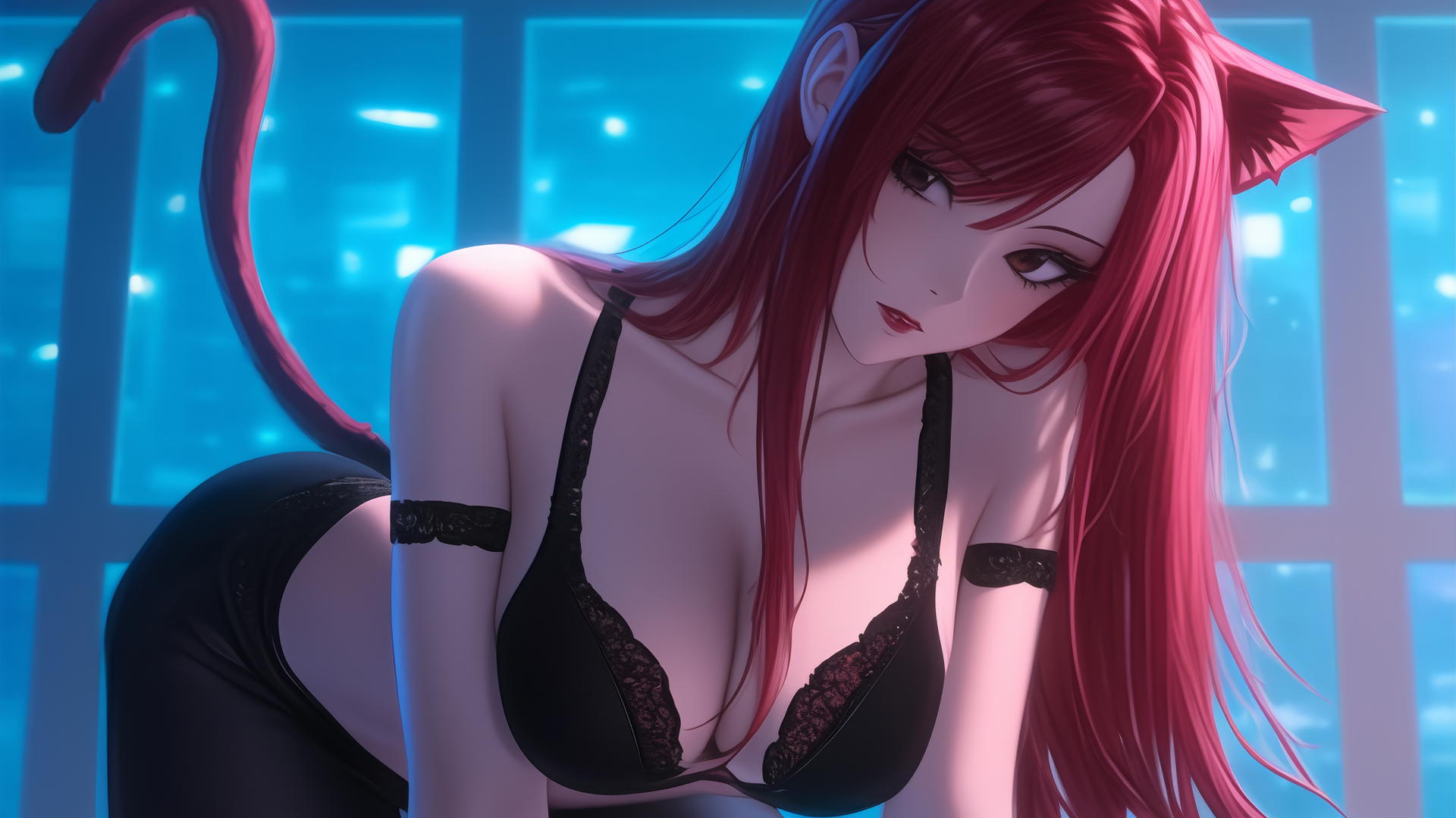 Pink cat girl resembling Erza Scarlet kneeling and leaning forward with scarlet hair and brown eyes