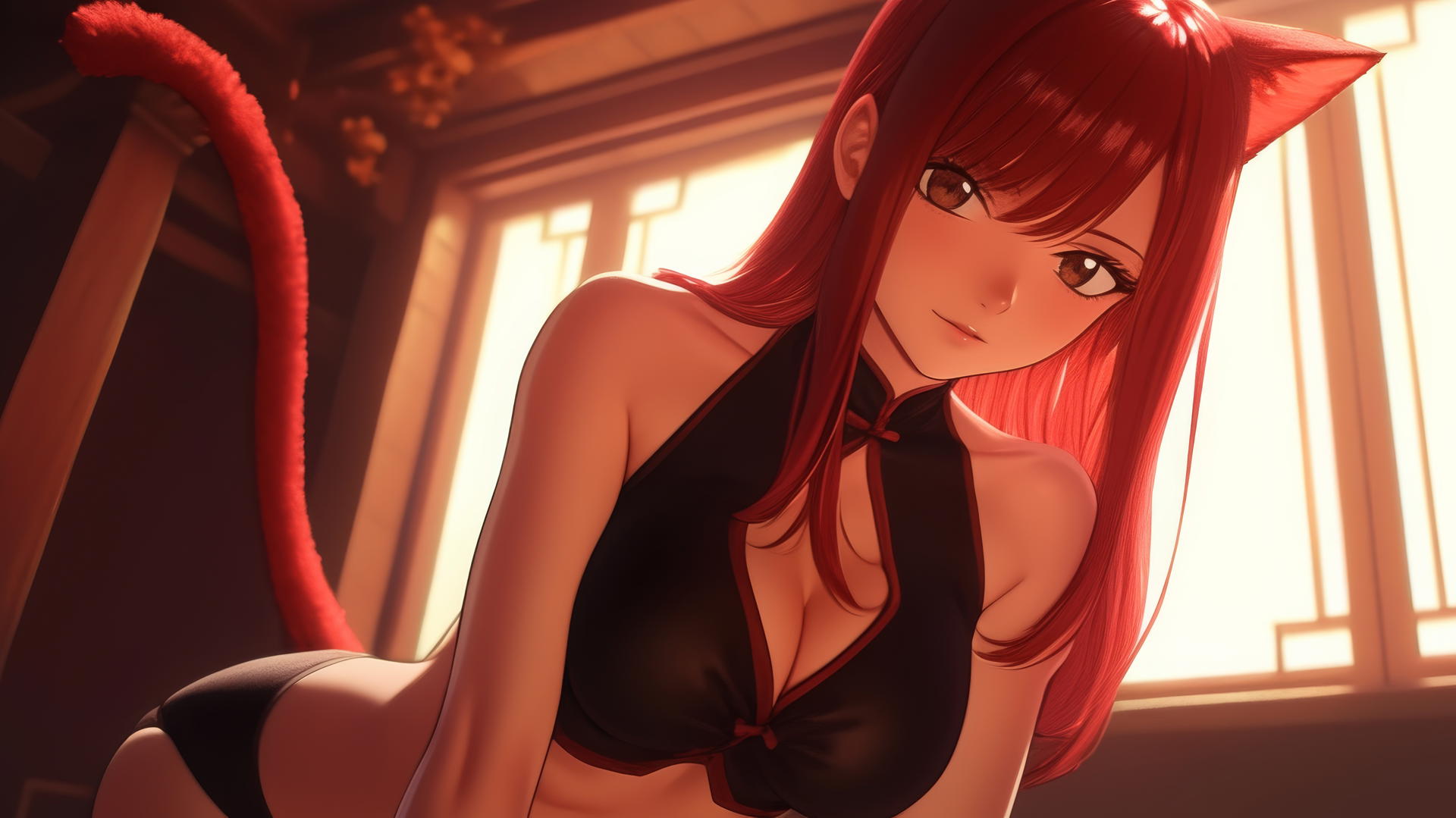 Erza Scarlet, a pink cat girl with scarlet hair and brown eyes, kneeling and leaning forward with a ceiling as the background.