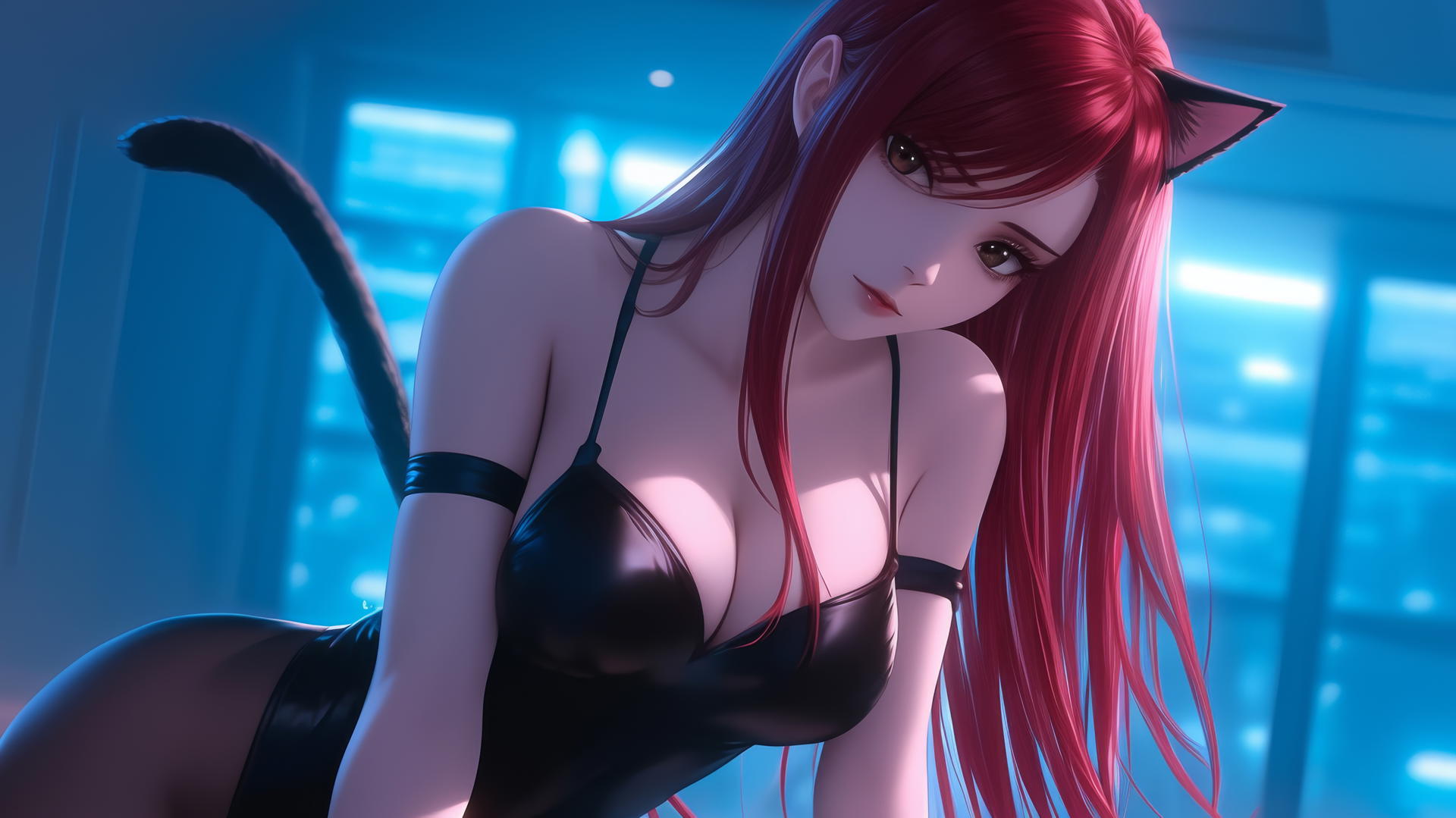 Pink cat girl with scarlet hair and brown eyes, kneeling, leaning forward.