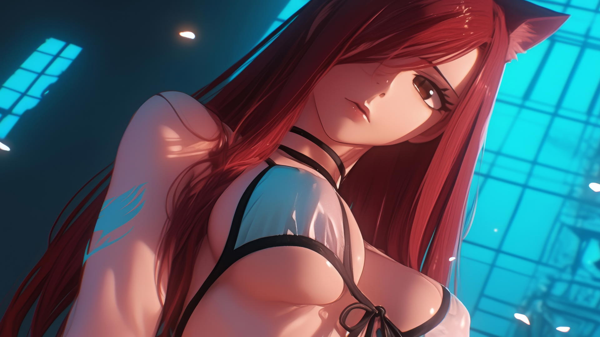 Pink cat girl Erza Scarlet kneeling and leaning with warm light glow