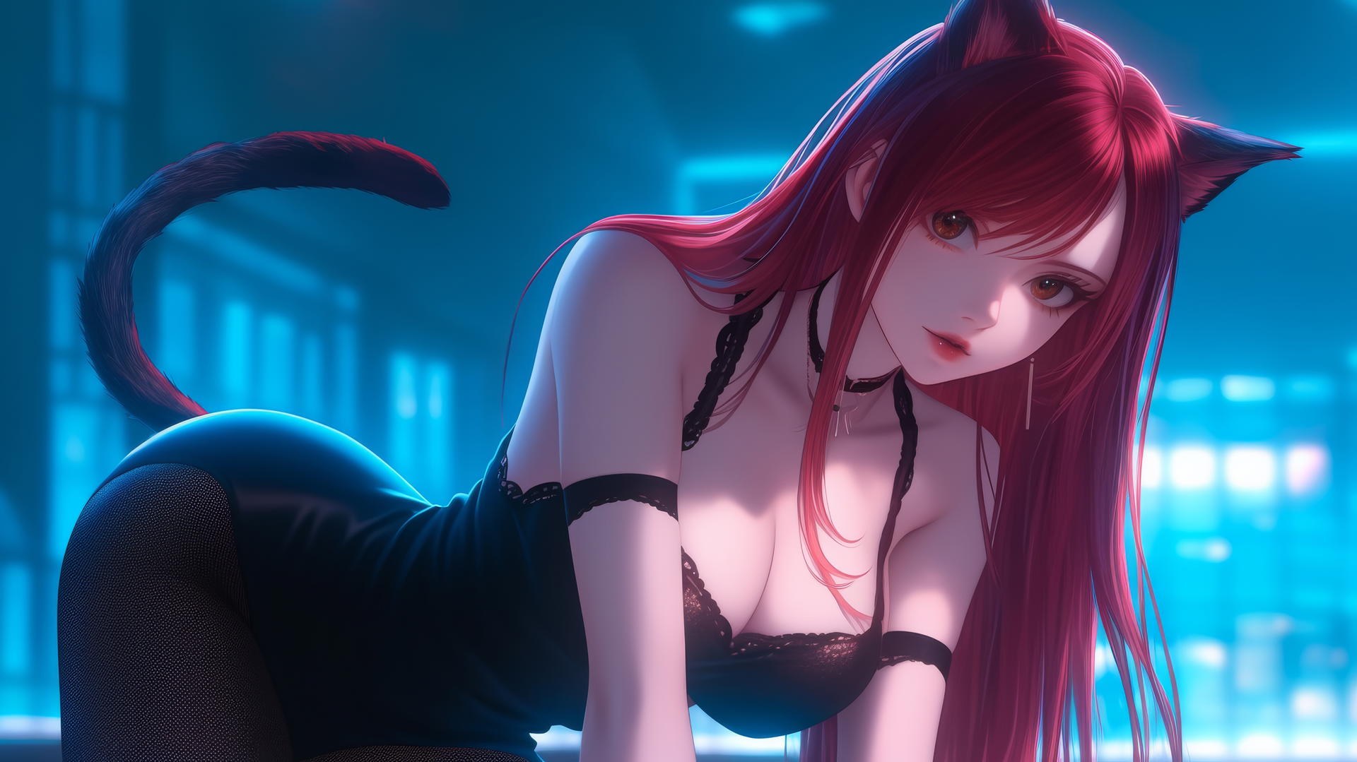 Pink cat girl with scarlet hair, kneeling, leaning, soft warm light