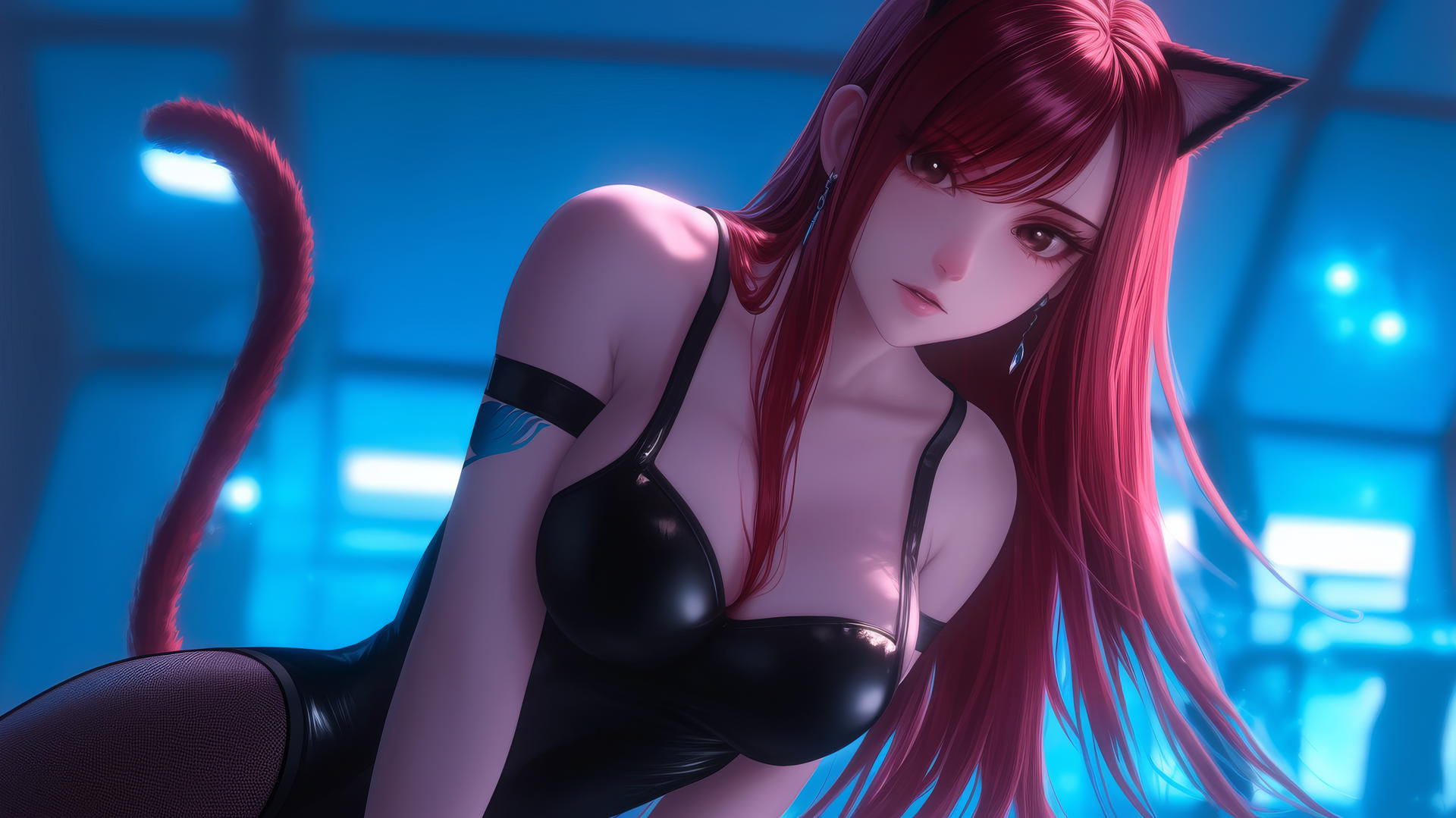 Pink cat girl Erza Scarlet with scarlet hair and brown eyes, seen from below, kneeling and looking down.