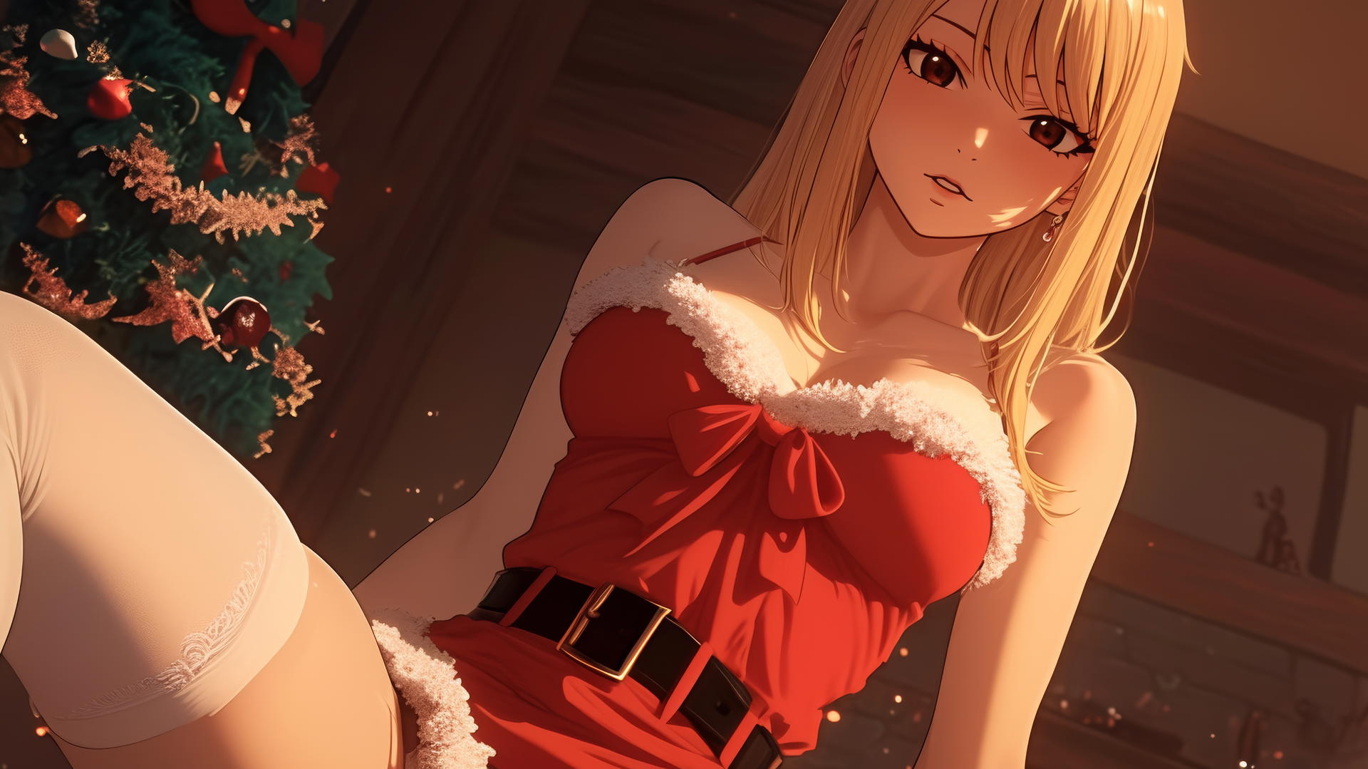 Lucy Heartfilia from Fairy Tail, in Christmas red, kneeling and leaning down.