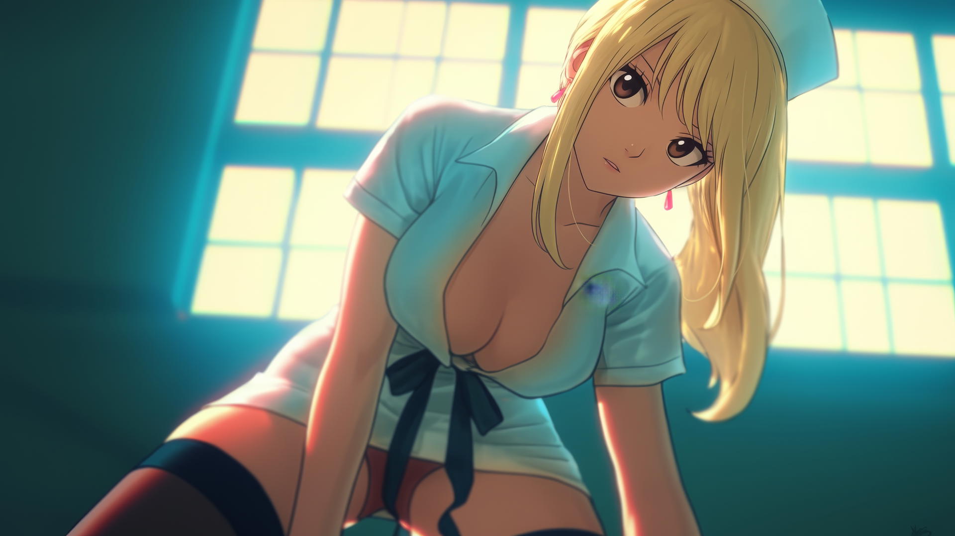 Lucy Heartfilia dressed as a nurse, kneeling, looking down, warm light