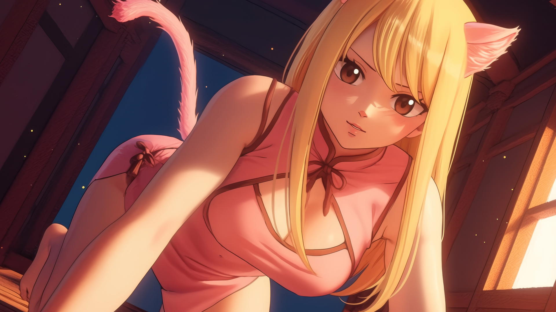 all pink cat girl, kneeling, leaning forward, brown eyes, blonde hair, warm light