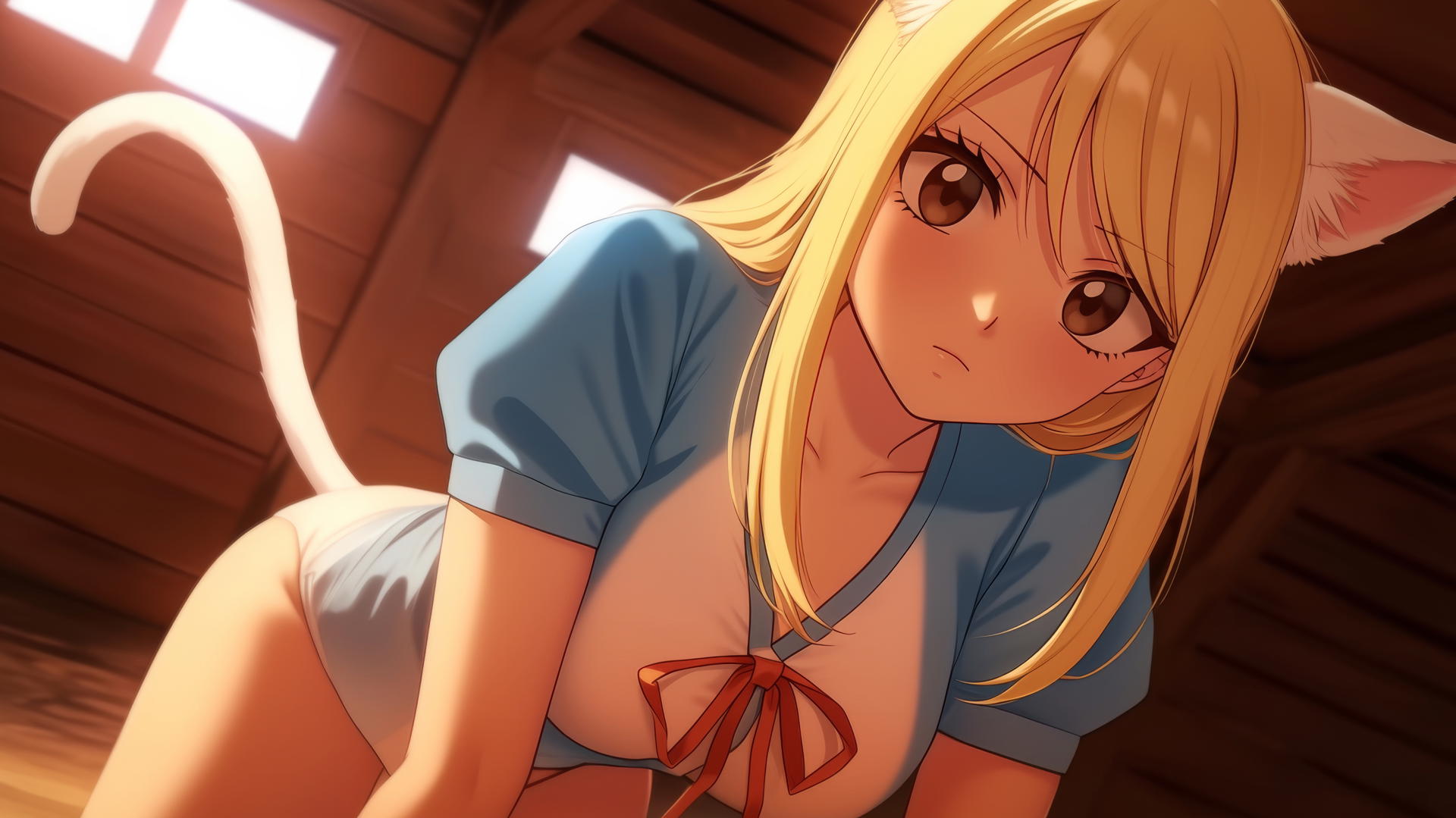 Lucy Heartfilia, pink cat girl, kneeling and leaning, warm light glow