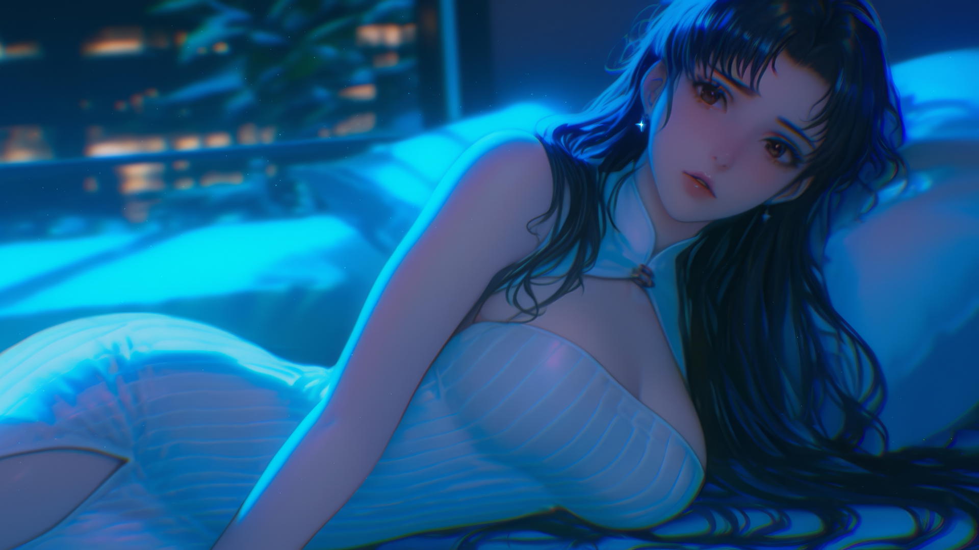 Misato Katsuragi with wavy dark violet hair, in a modern hotel room, moonlight glow.