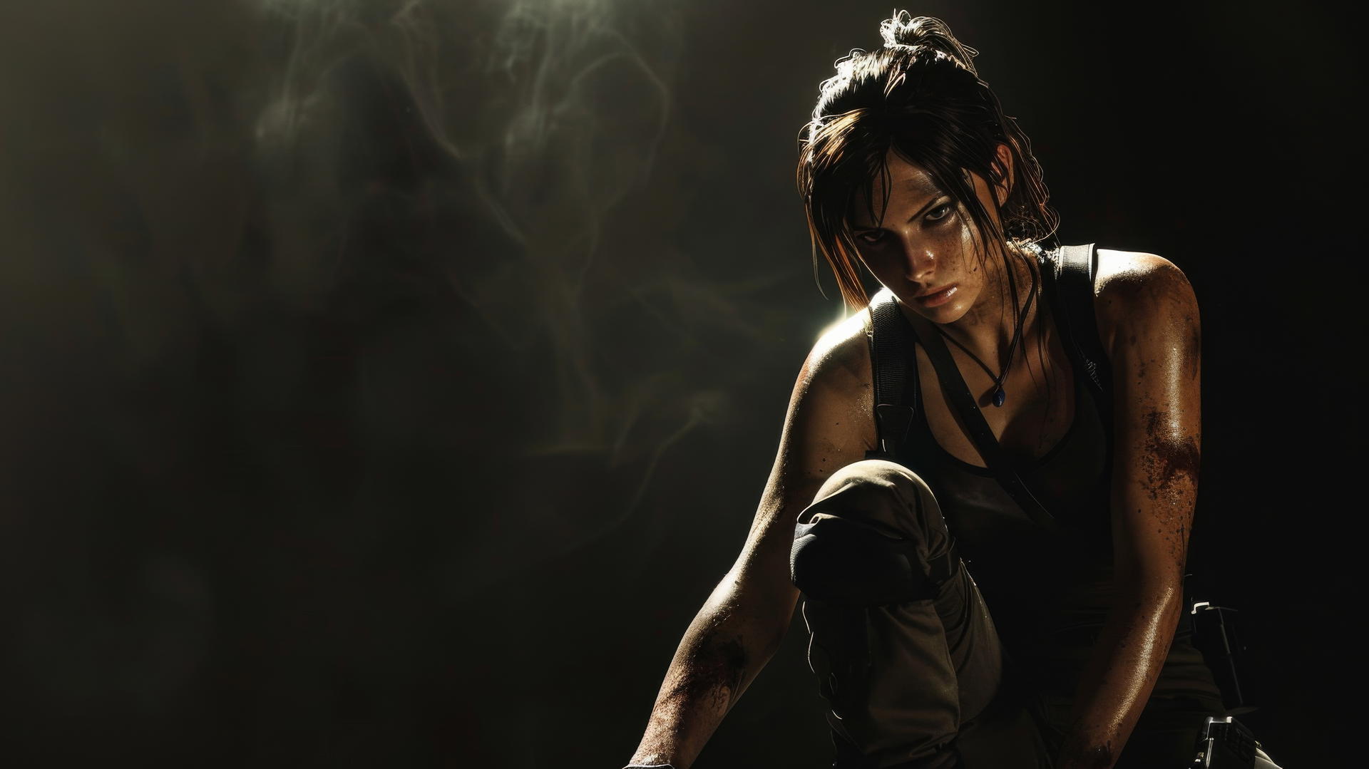 Lara Croft in spotlight with a dynamic pose and dark background