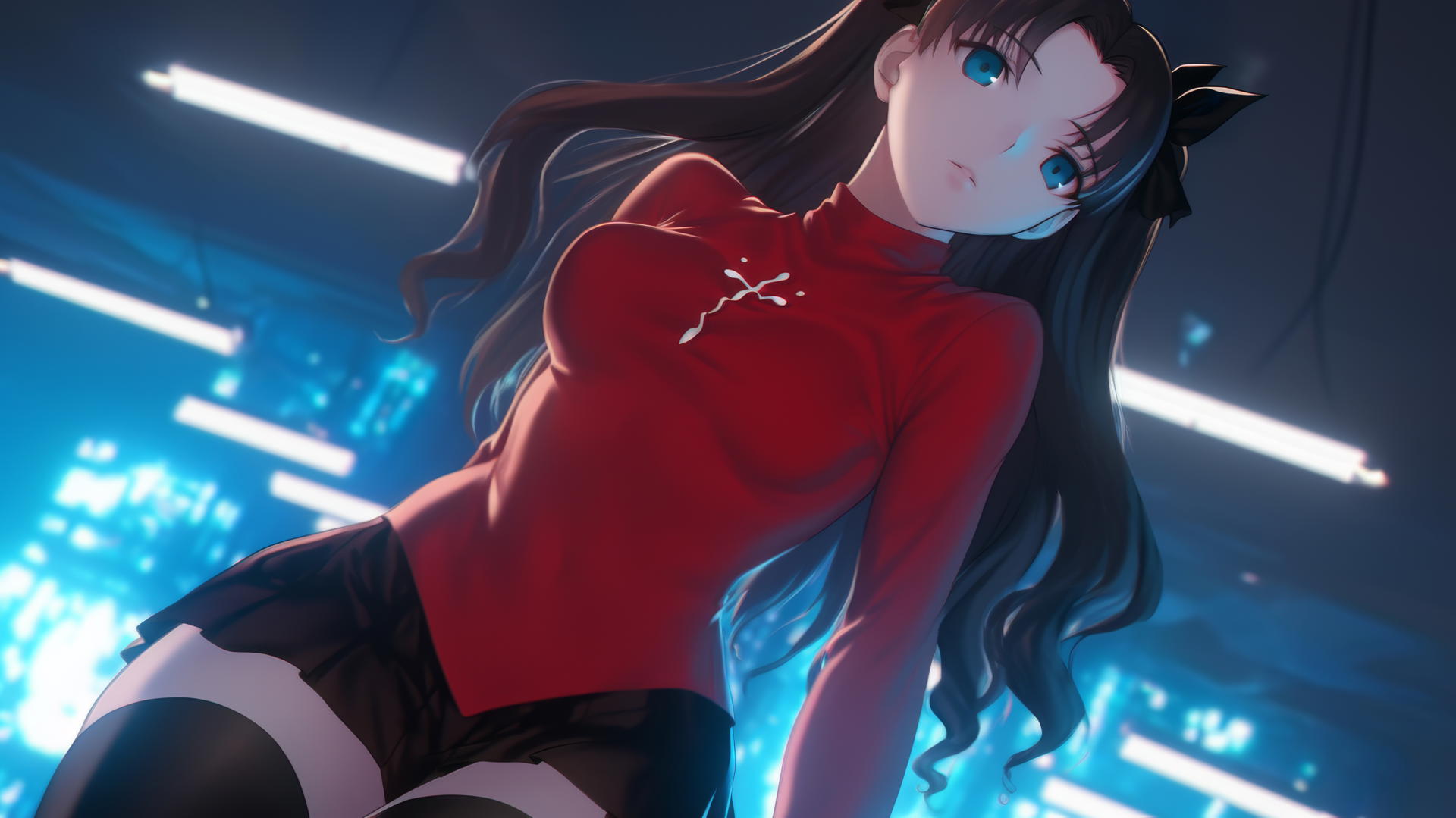Rin Tohsaka kneeling and leaning forward with warm light and ceiling background.